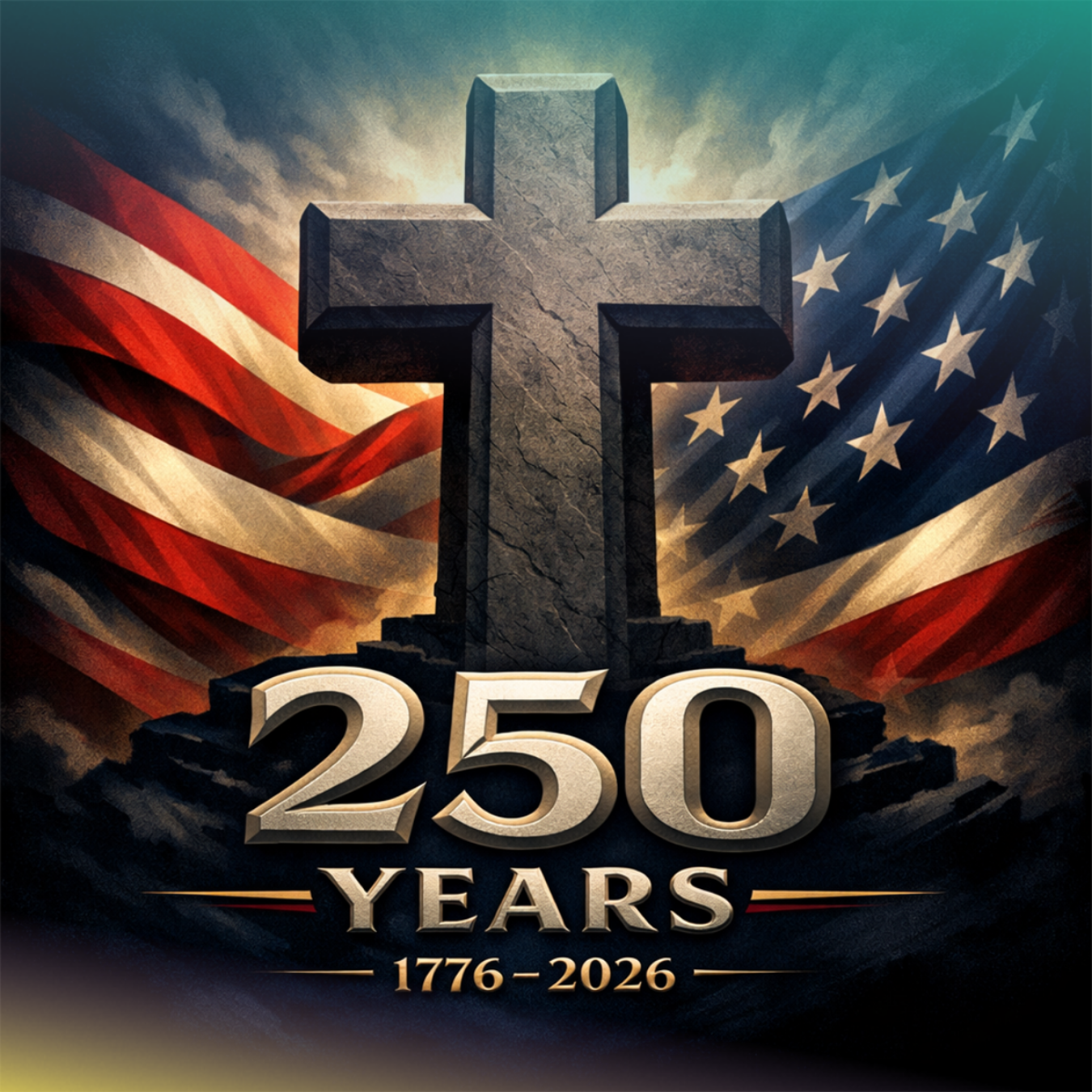Cross with American flag and "250 YEARS 1776-2026" text.