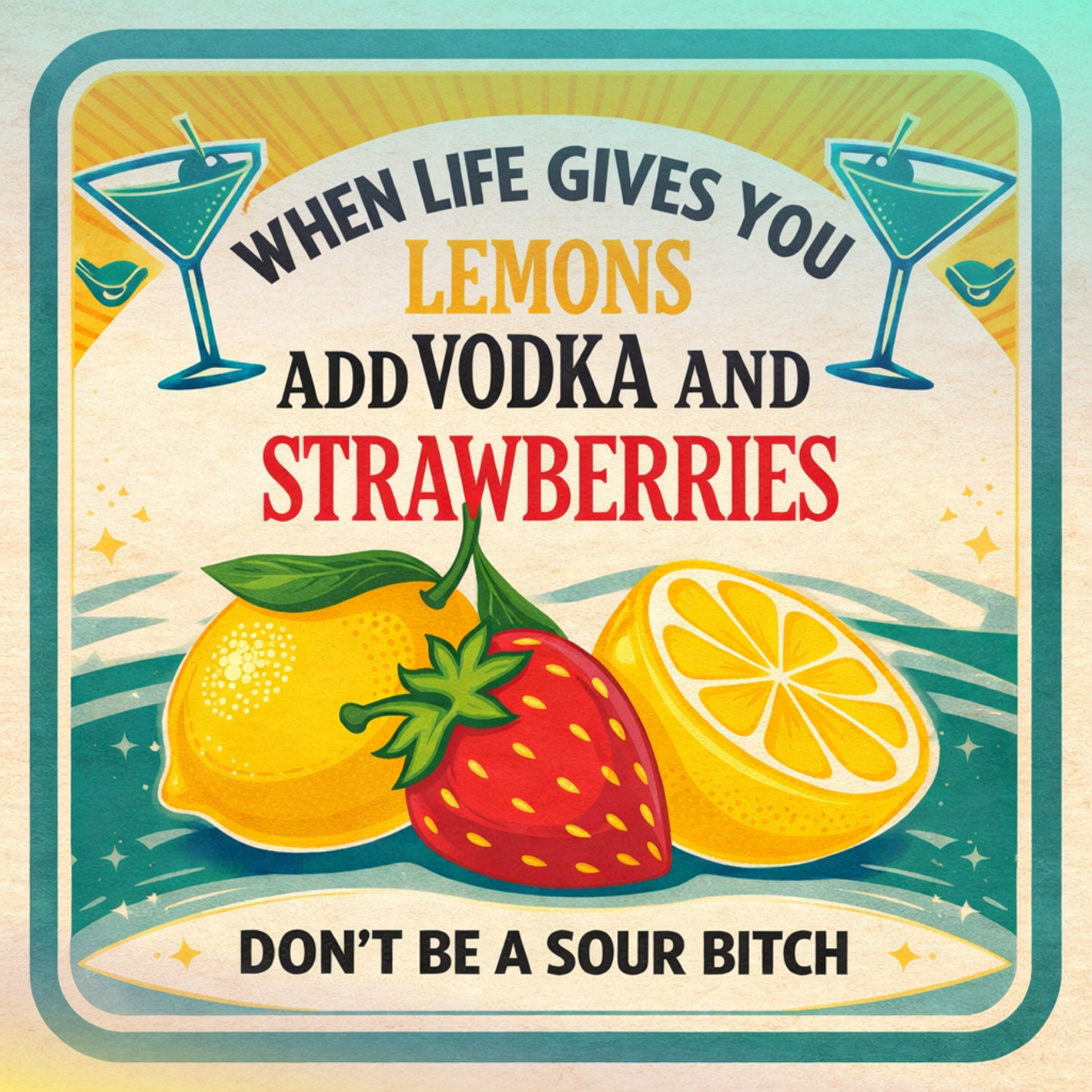 Retro poster with lemons, strawberry, and cocktails, quoting "When life gives you vodka and strawberries, don't be a sour bitch."
