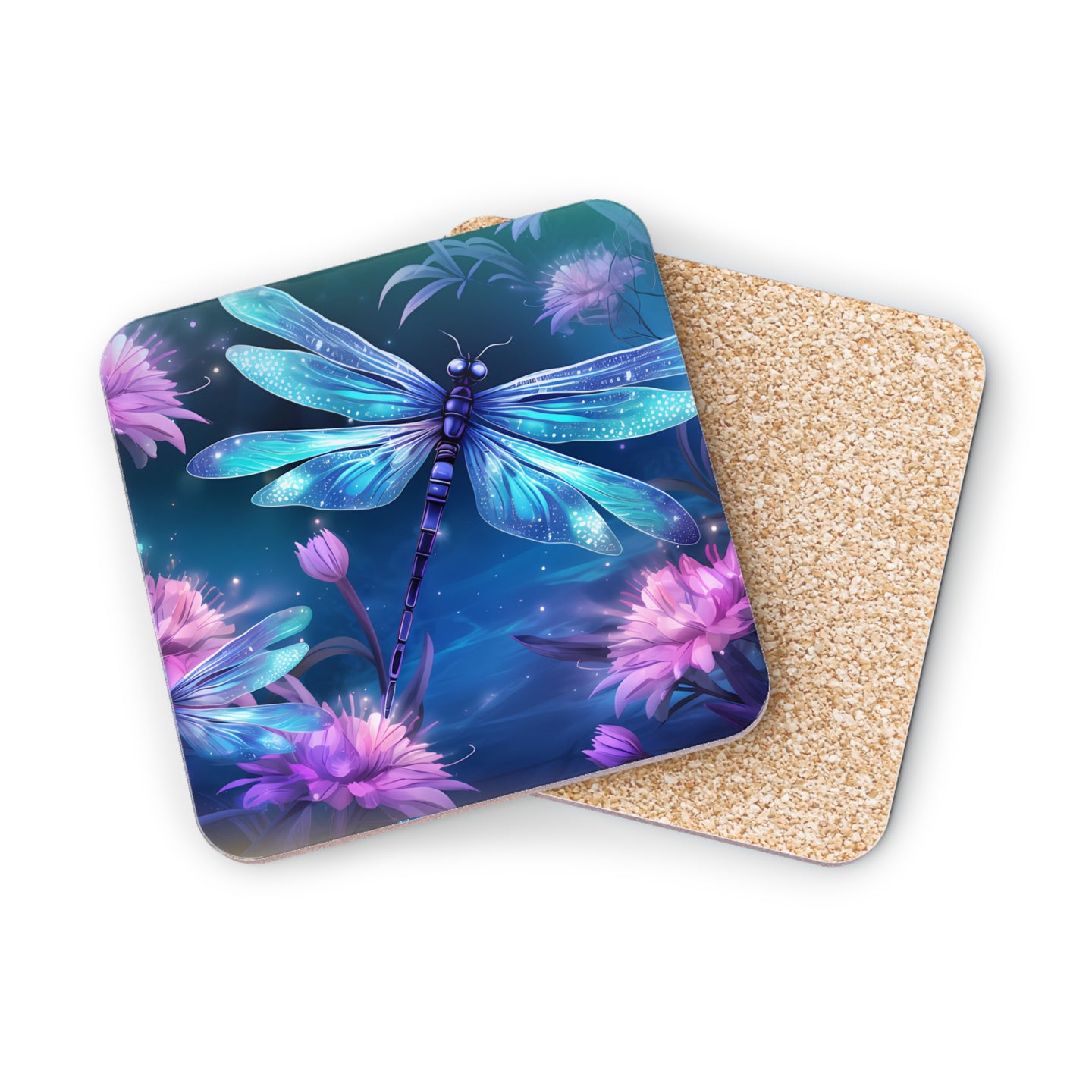 Blue dragonfly with glowing wings on purple flowers, two coasters.