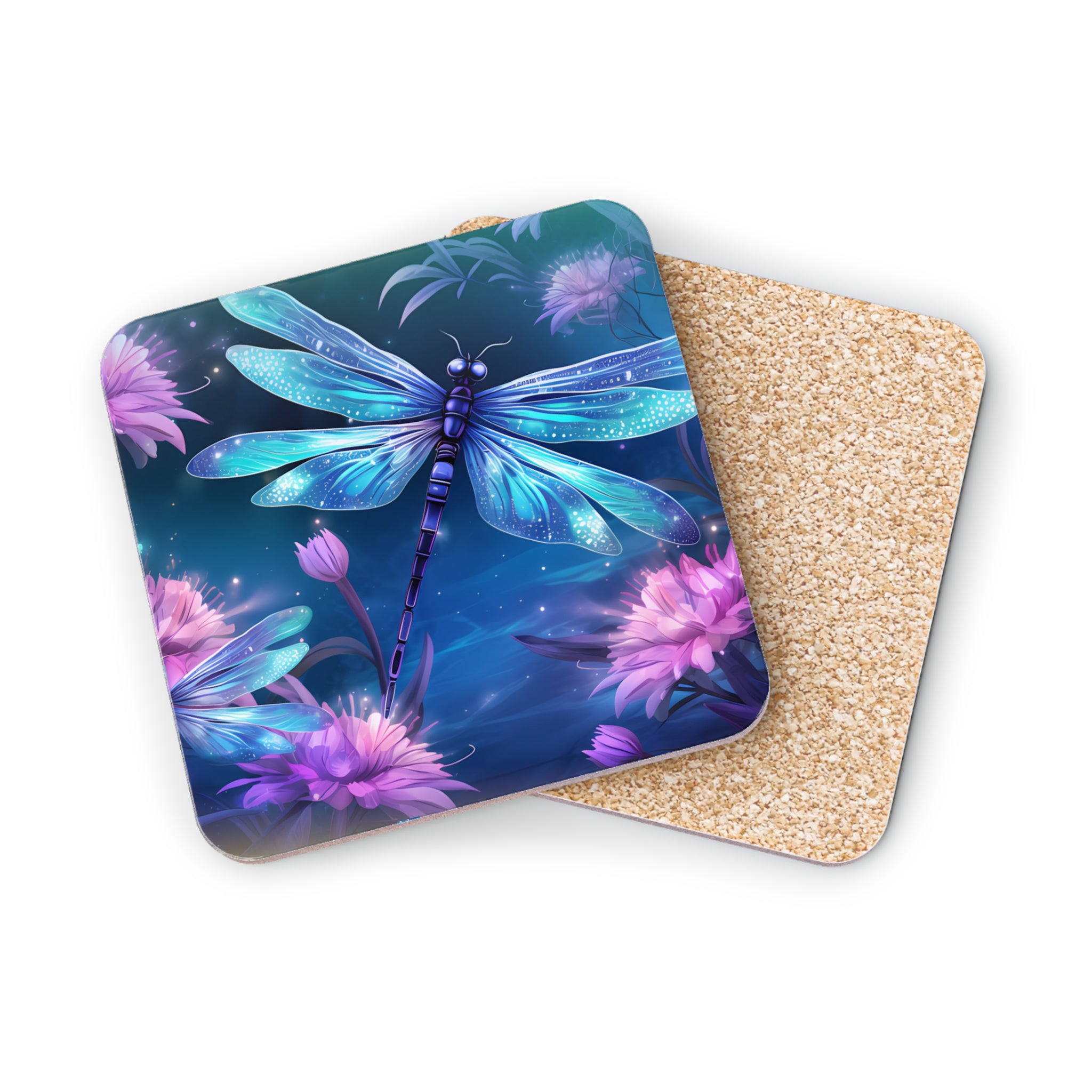 Blue dragonfly with glowing wings on purple flowers, two coasters.