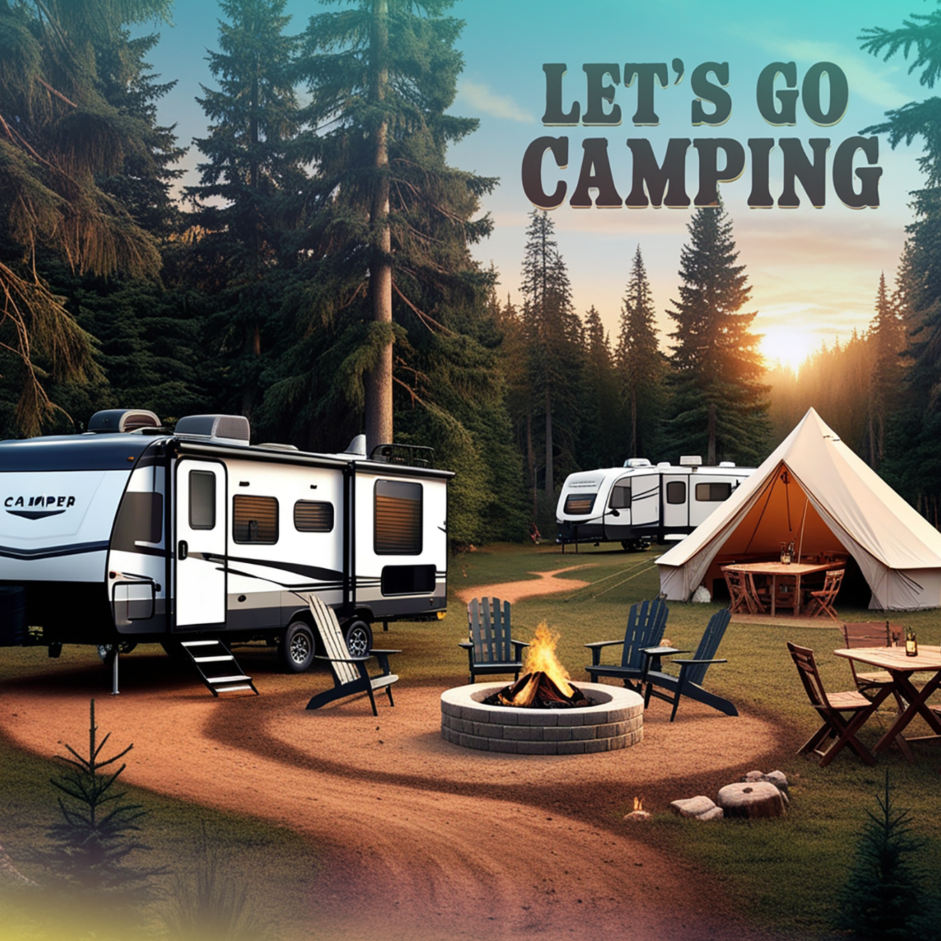 Camping scene with RV, tent, fire pit, and picnic table in forest at sunset.