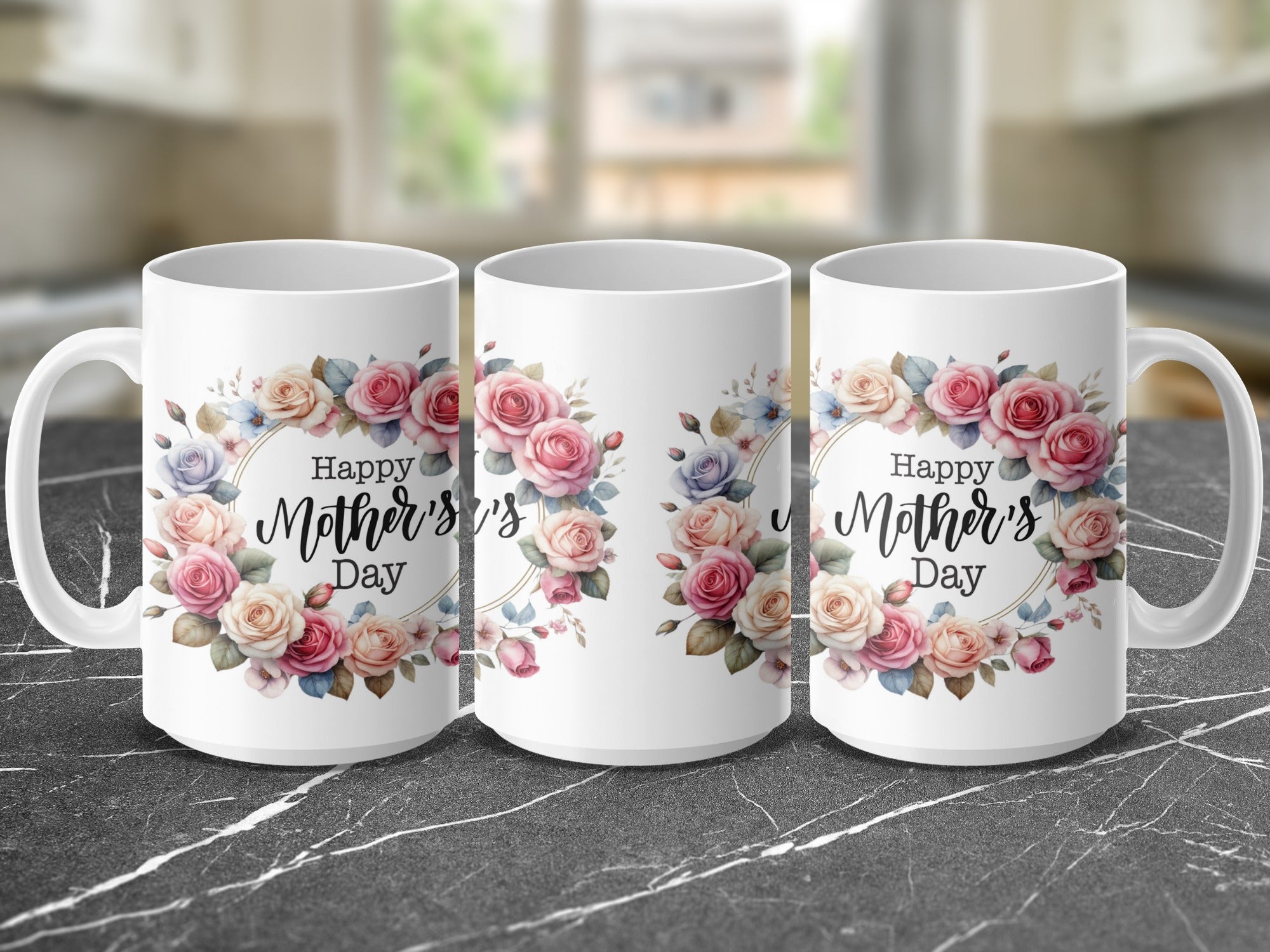 Three white mugs with floral decoration and "Happy Mother's Day" text.