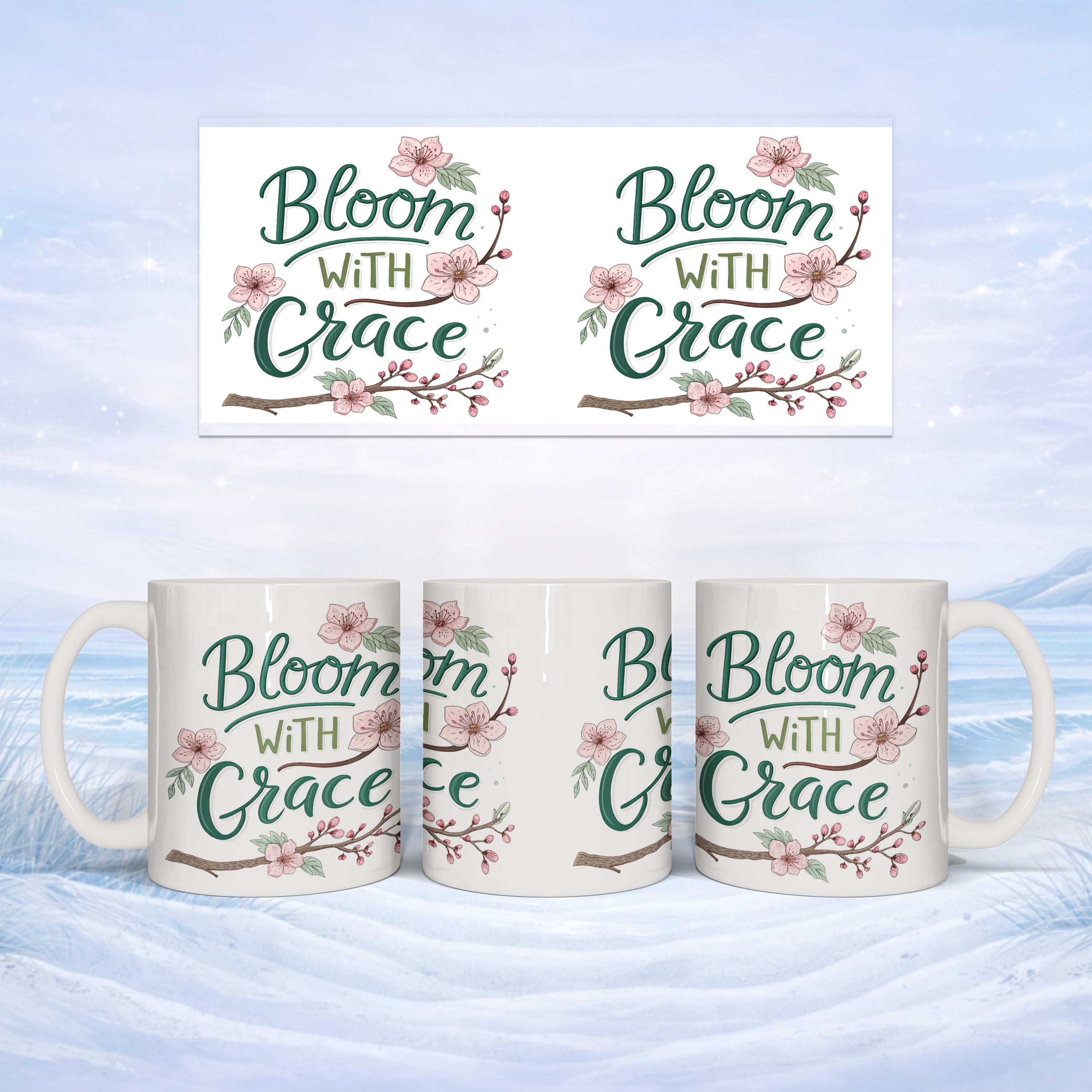 Three mugs and banner with "Bloom With Grace" text and floral accents.