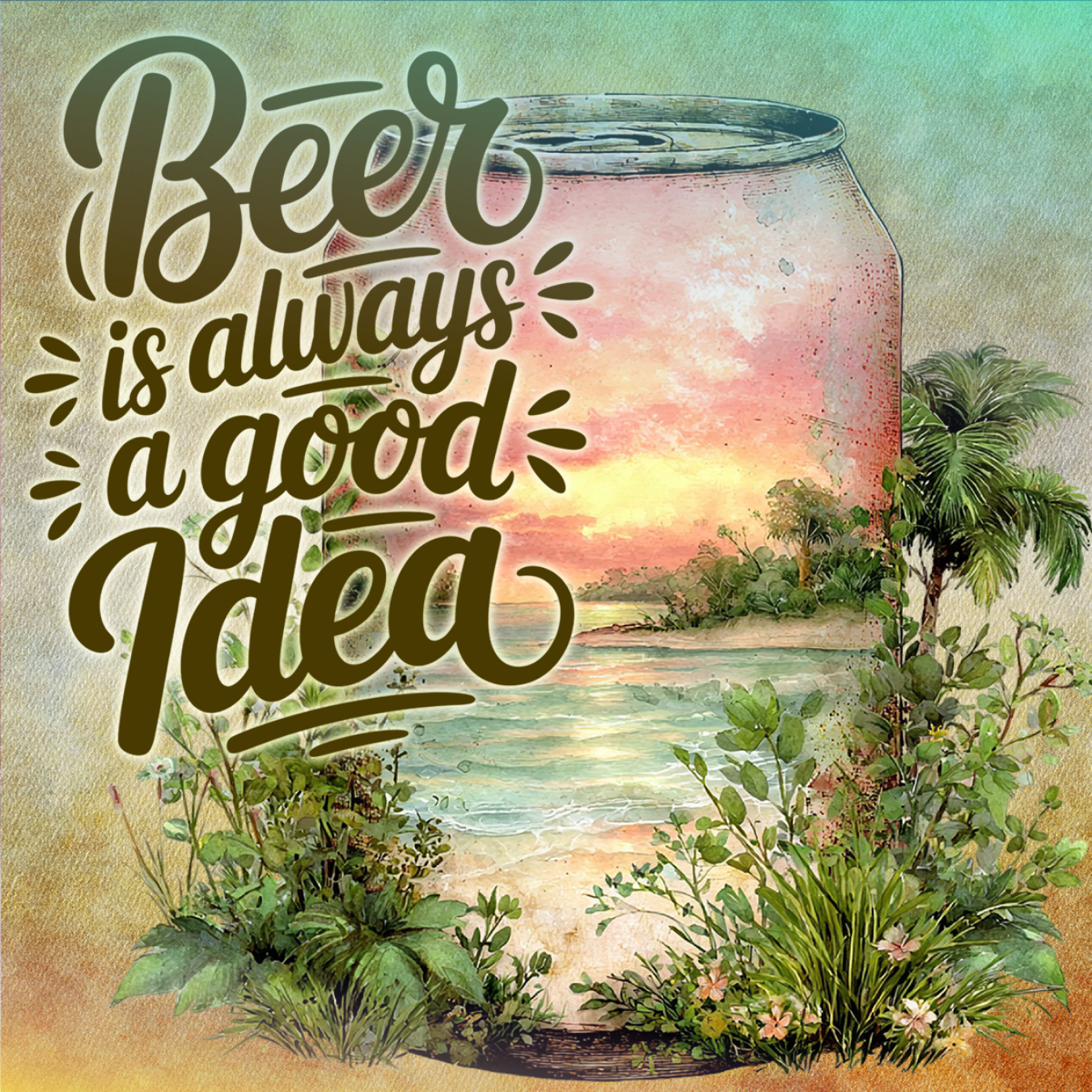 Beer is always a good idea text over tropical beach sunset scene.