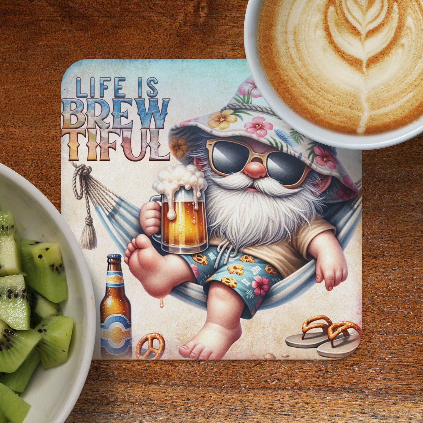 Gnome in hammock with beer, "Life is Brewtiful" text.