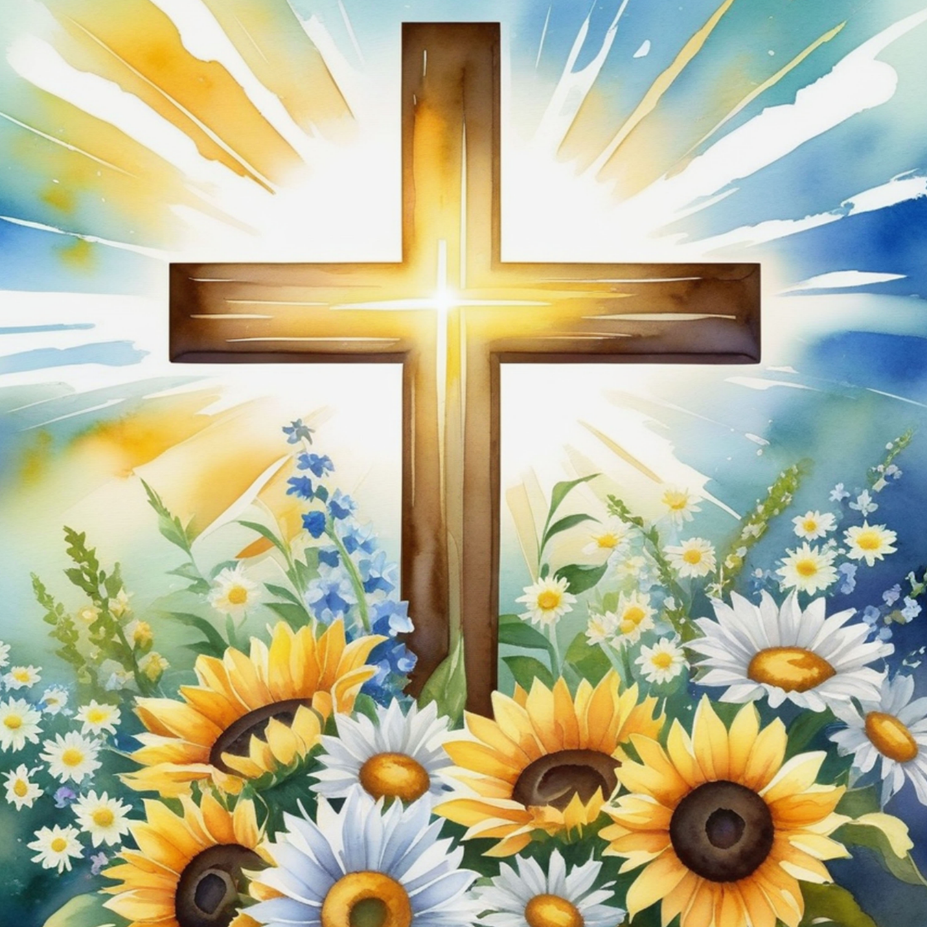 Wooden cross with bright sunbeams and a field of sunflowers and daisies.