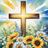 Wooden cross with bright sunbeams and a field of sunflowers and daisies.