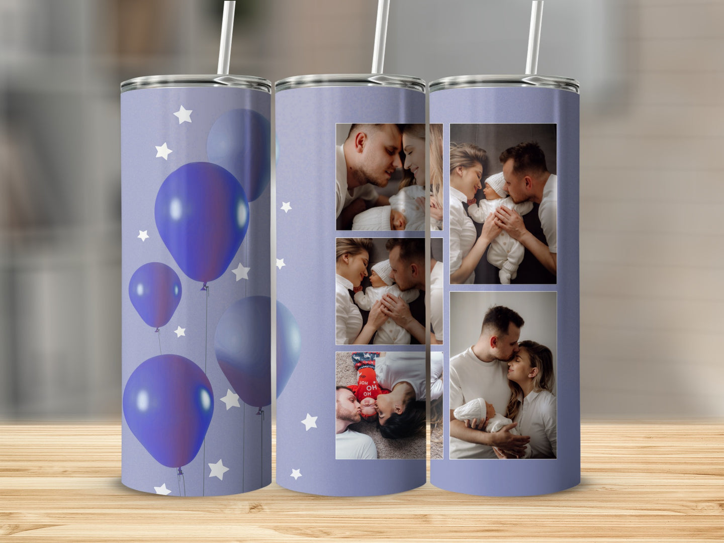 Purple balloons on a pastel purple background with family photos.
