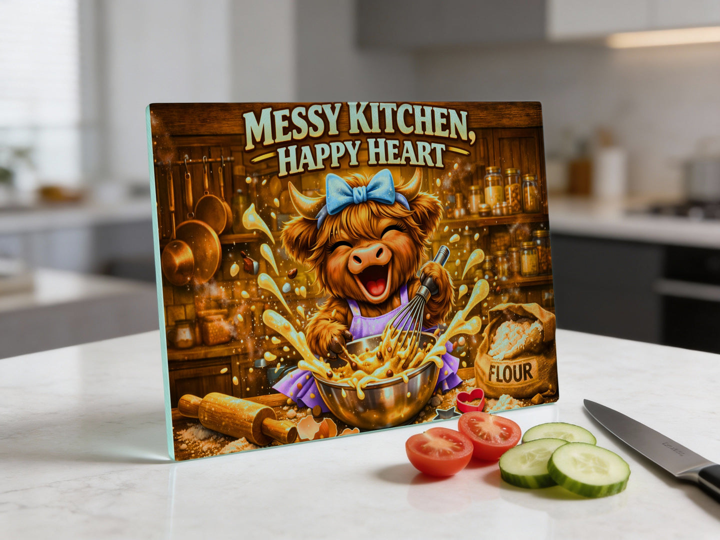 Cartoon cow mixing batter with flour bag and vegetables on counter.