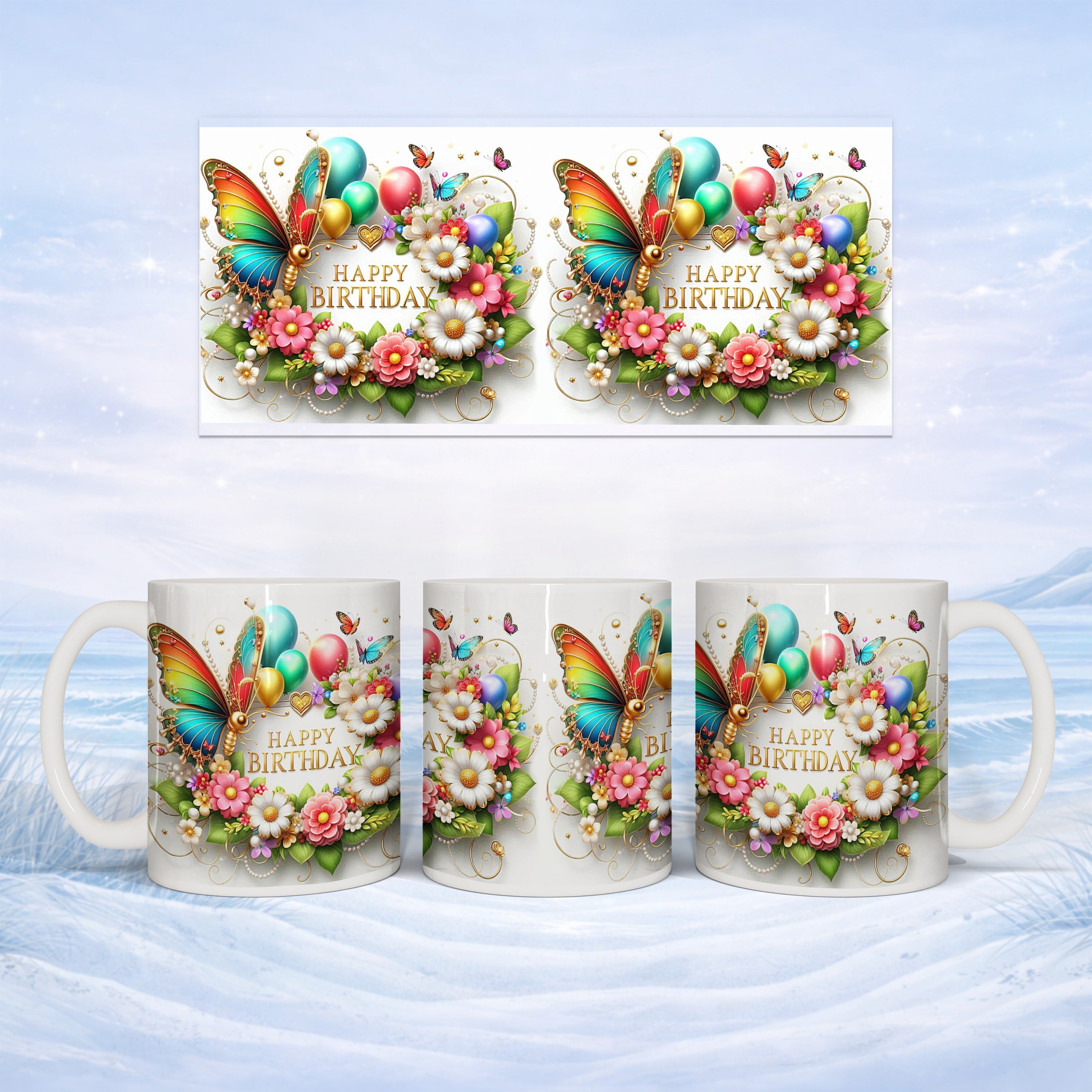 Floral "Happy Birthday" mug design with colorful butterflies and balloons.