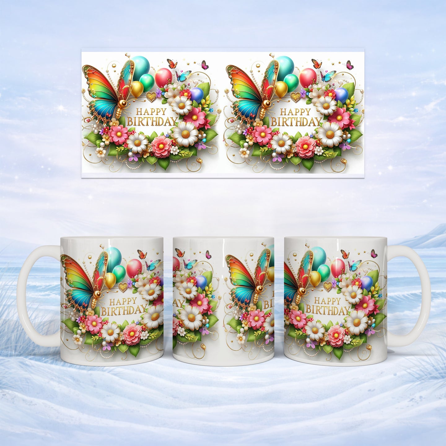 Floral "Happy Birthday" mug design with colorful butterflies and balloons.