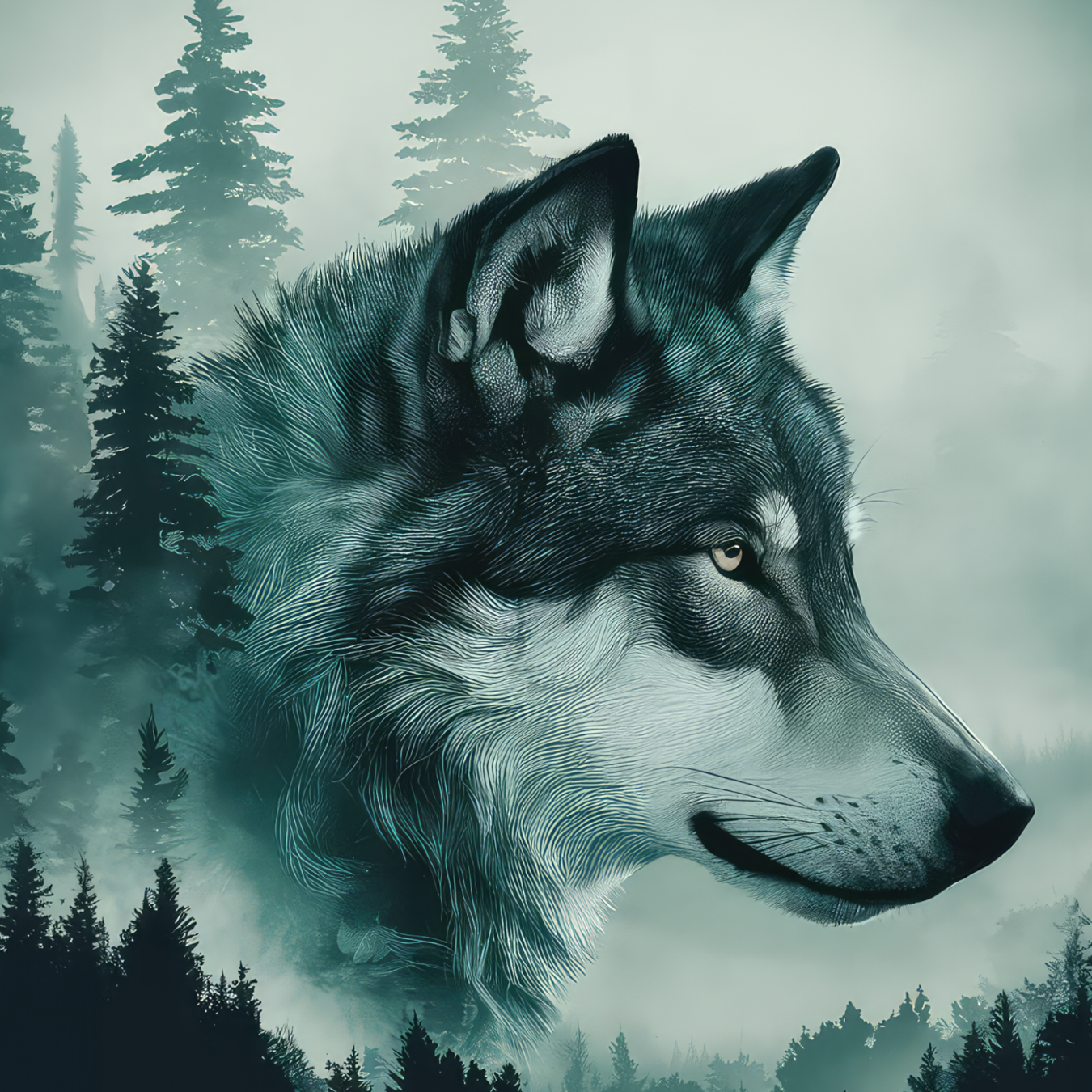 Close-up profile of a wolf's head against a misty, evergreen forest.