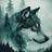Close-up profile of a wolf's head against a misty, evergreen forest.