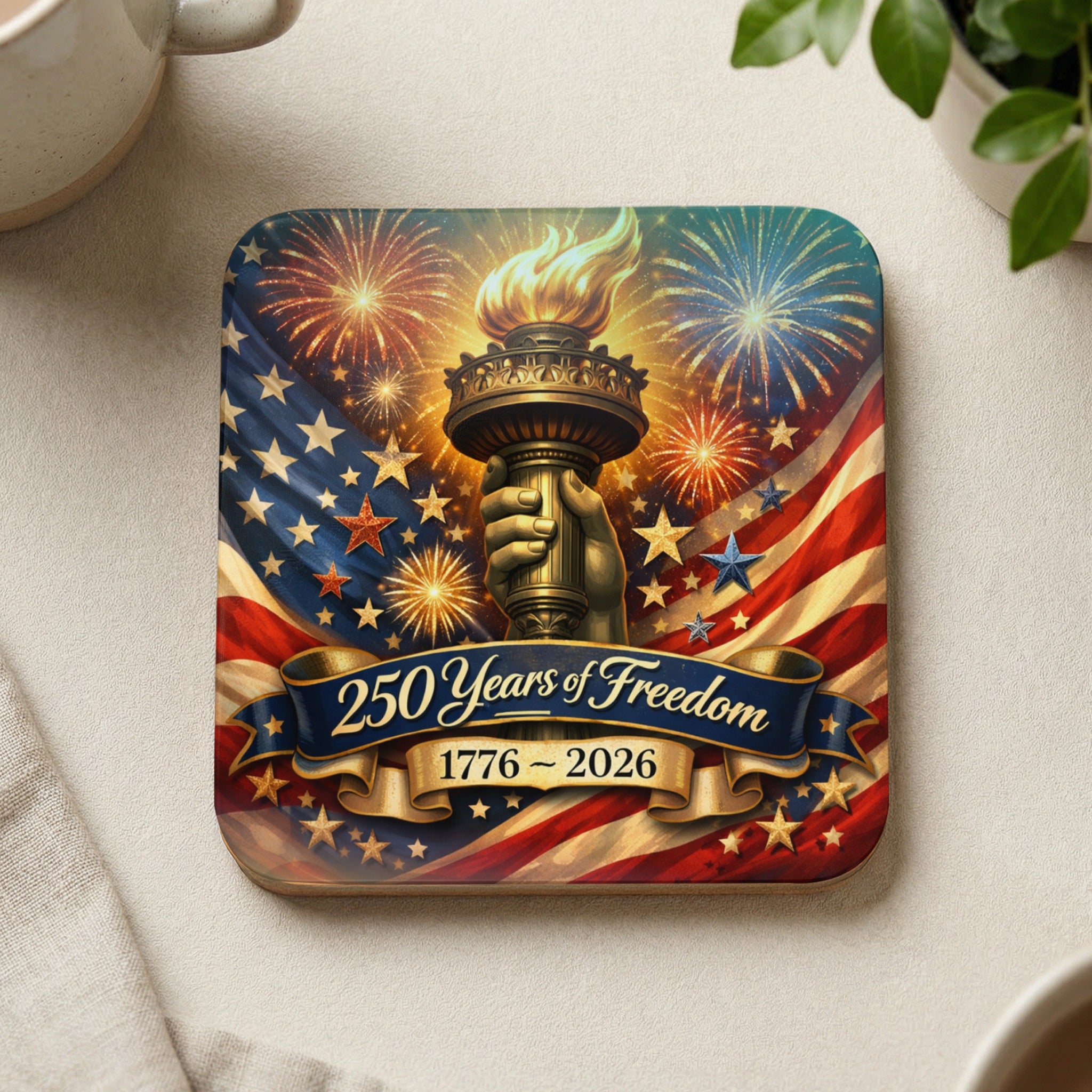 Statue of Liberty torch with American flag and fireworks, 250 Years of Freedom 1776-2026.