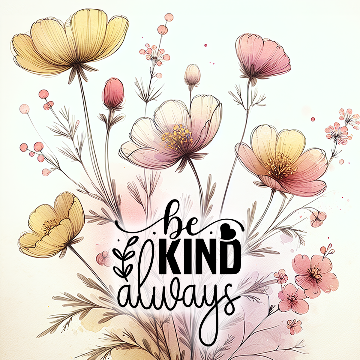 Floral illustration with the text "be KIND always" in script.