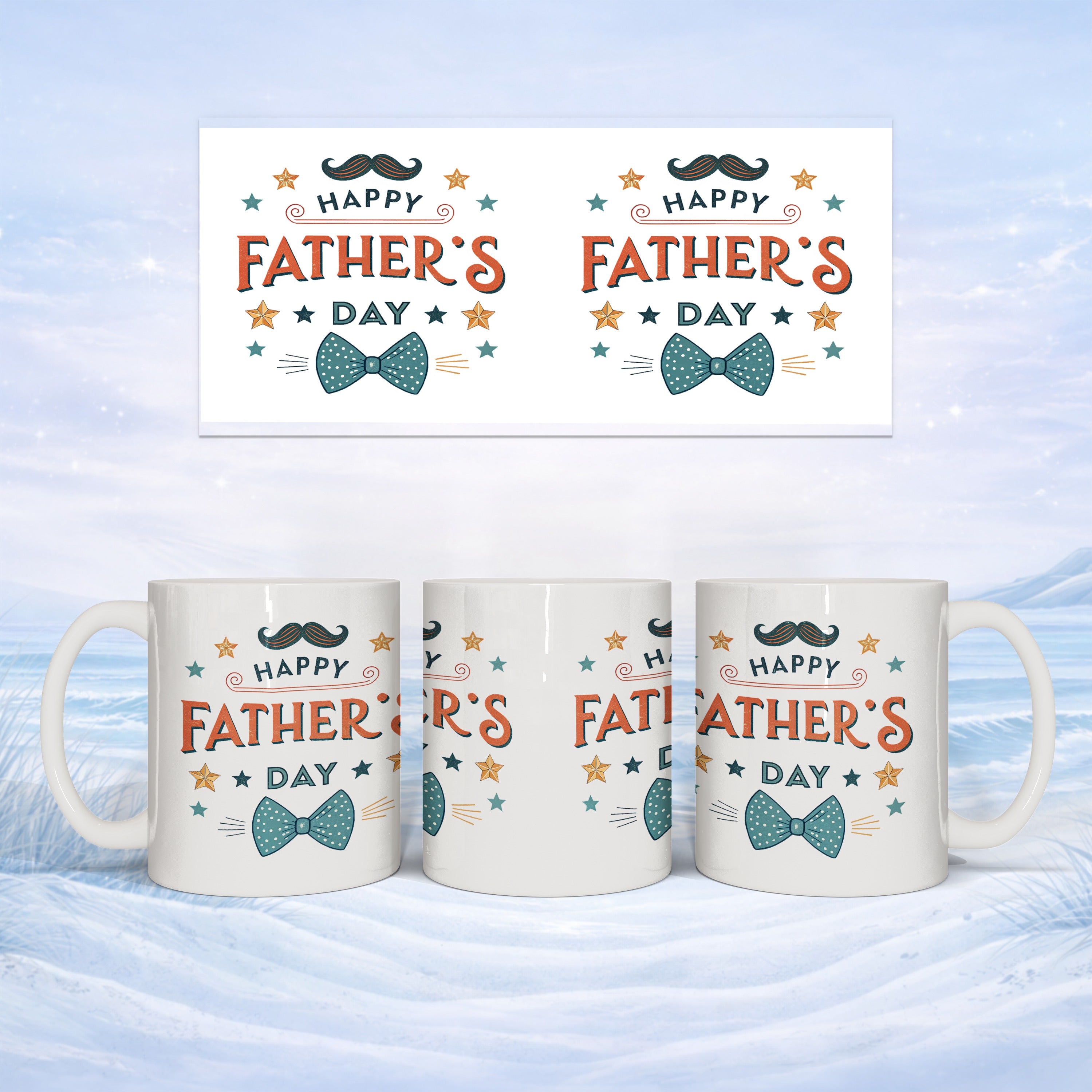 White mug with "Happy Father's Day" text and bow tie design.