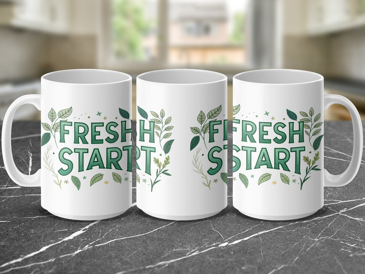 Three mugs with "FRESH START" text and green leaf designs.
