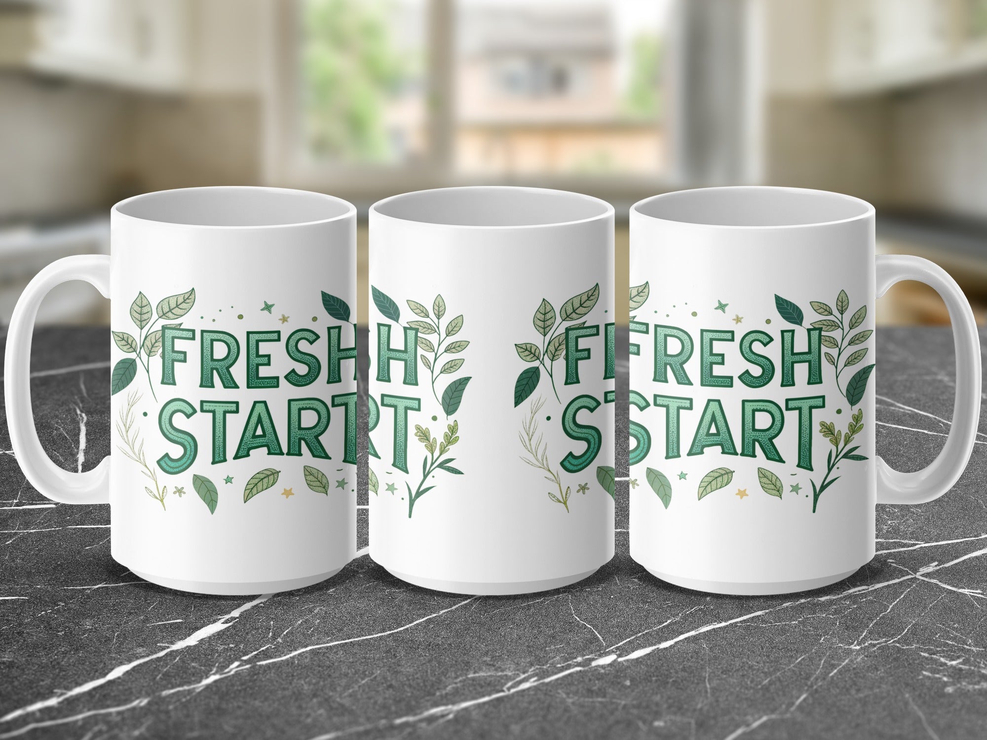 Three mugs with "FRESH START" text and green leaf designs.