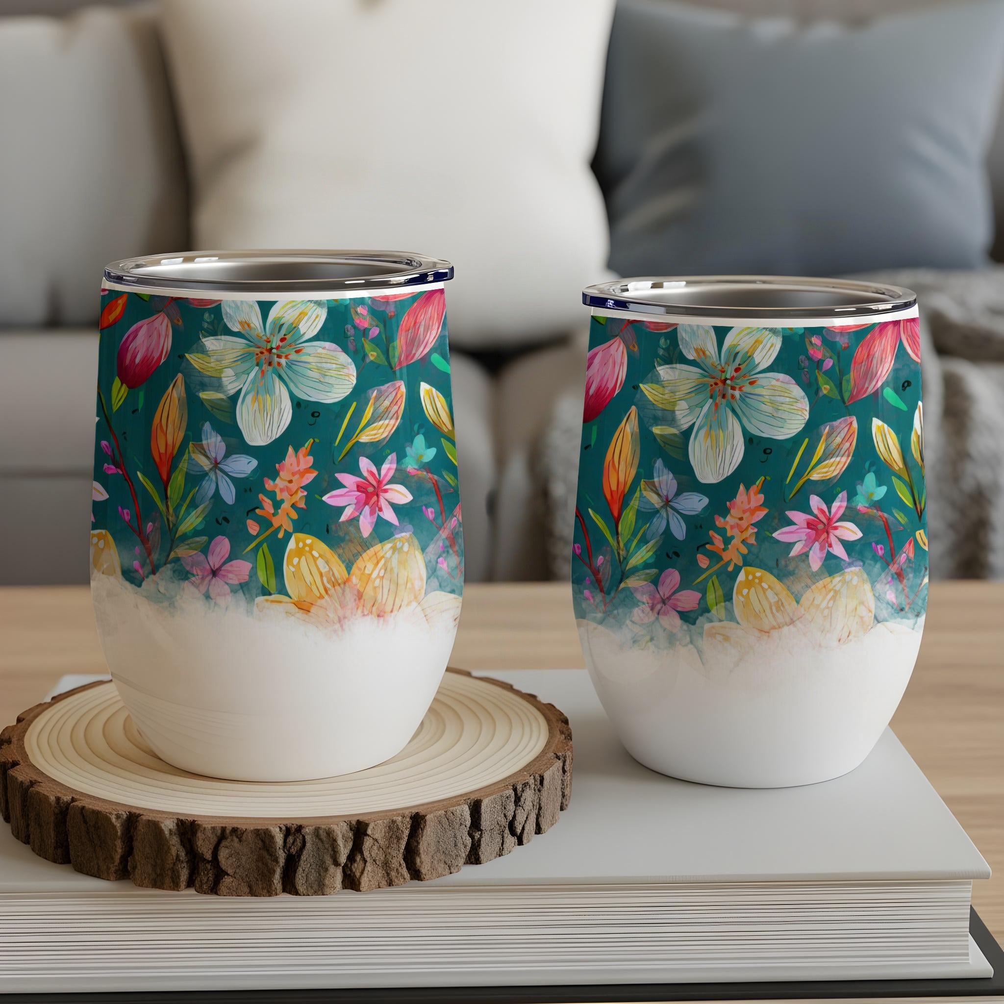Two stemless wine tumblers with floral and egg designs on a wooden coaster.