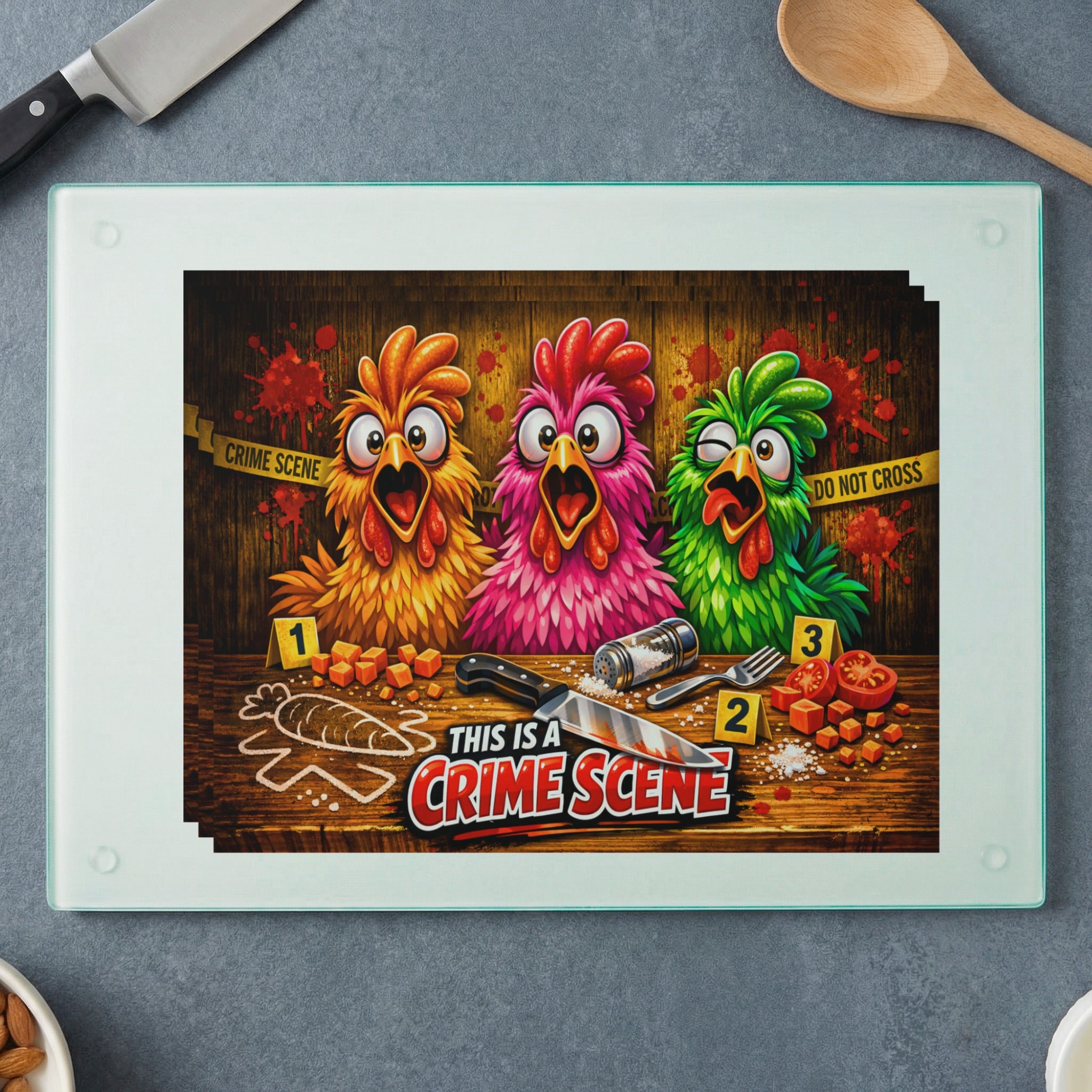 Three cartoon chickens react to a crime scene with text "THIS IS A CRIME SCENE".