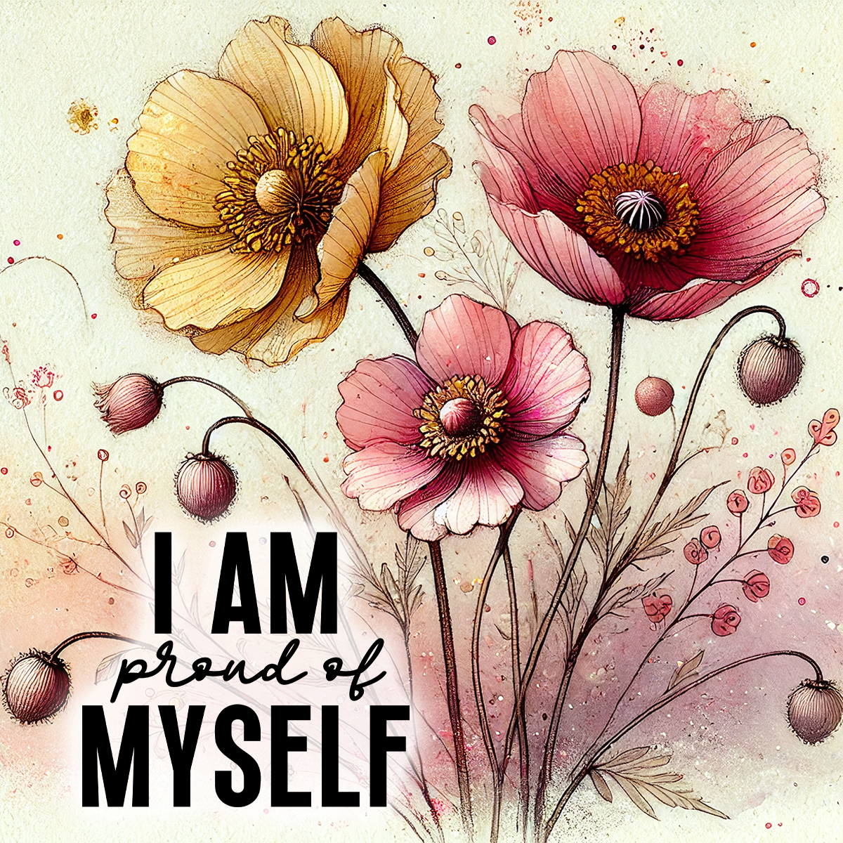 Poppies in pink and yellow with text "I AM proud of MYSELF" overlayed.