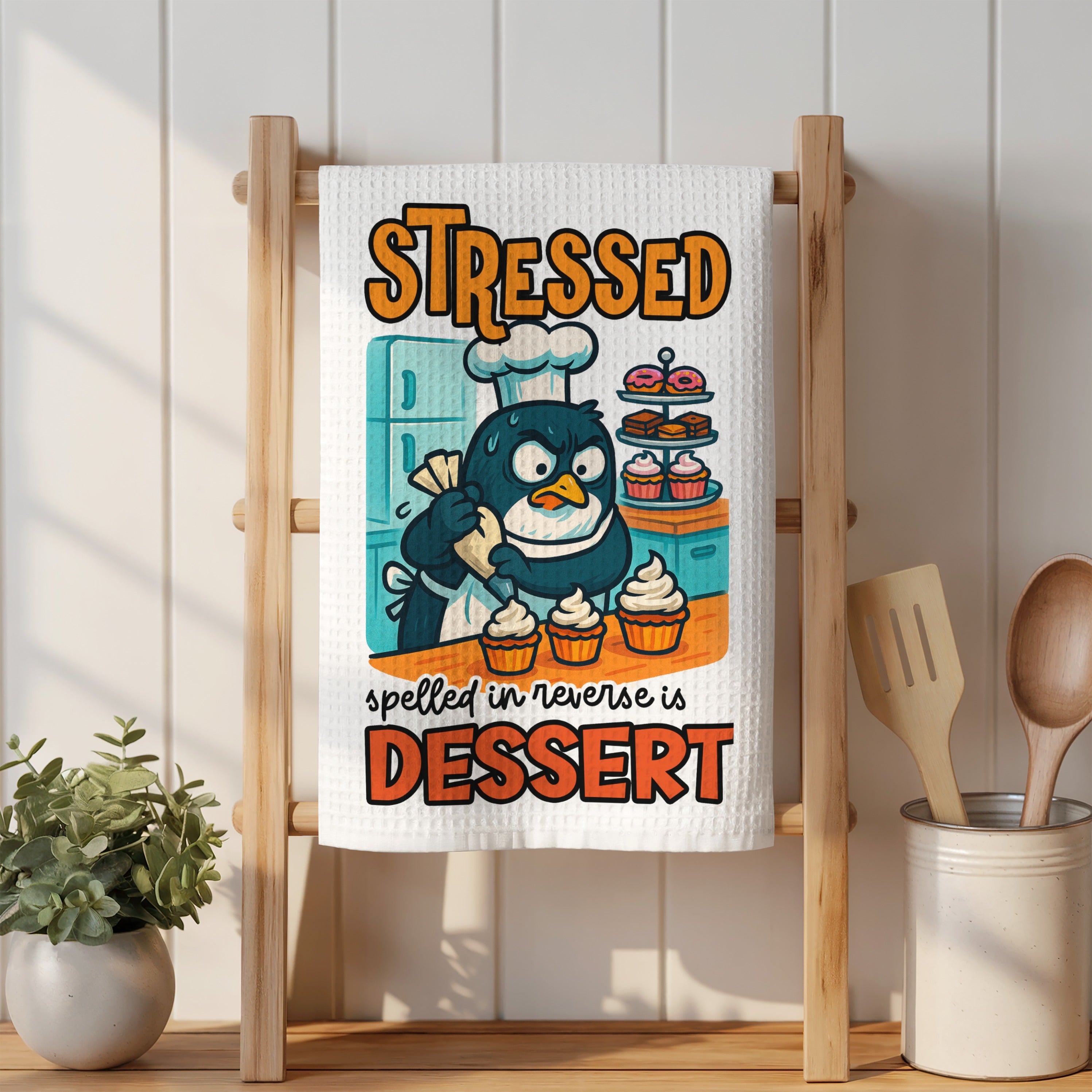Penguin chef piping frosting onto cupcakes with "STRESSED IS DESSERT" text.