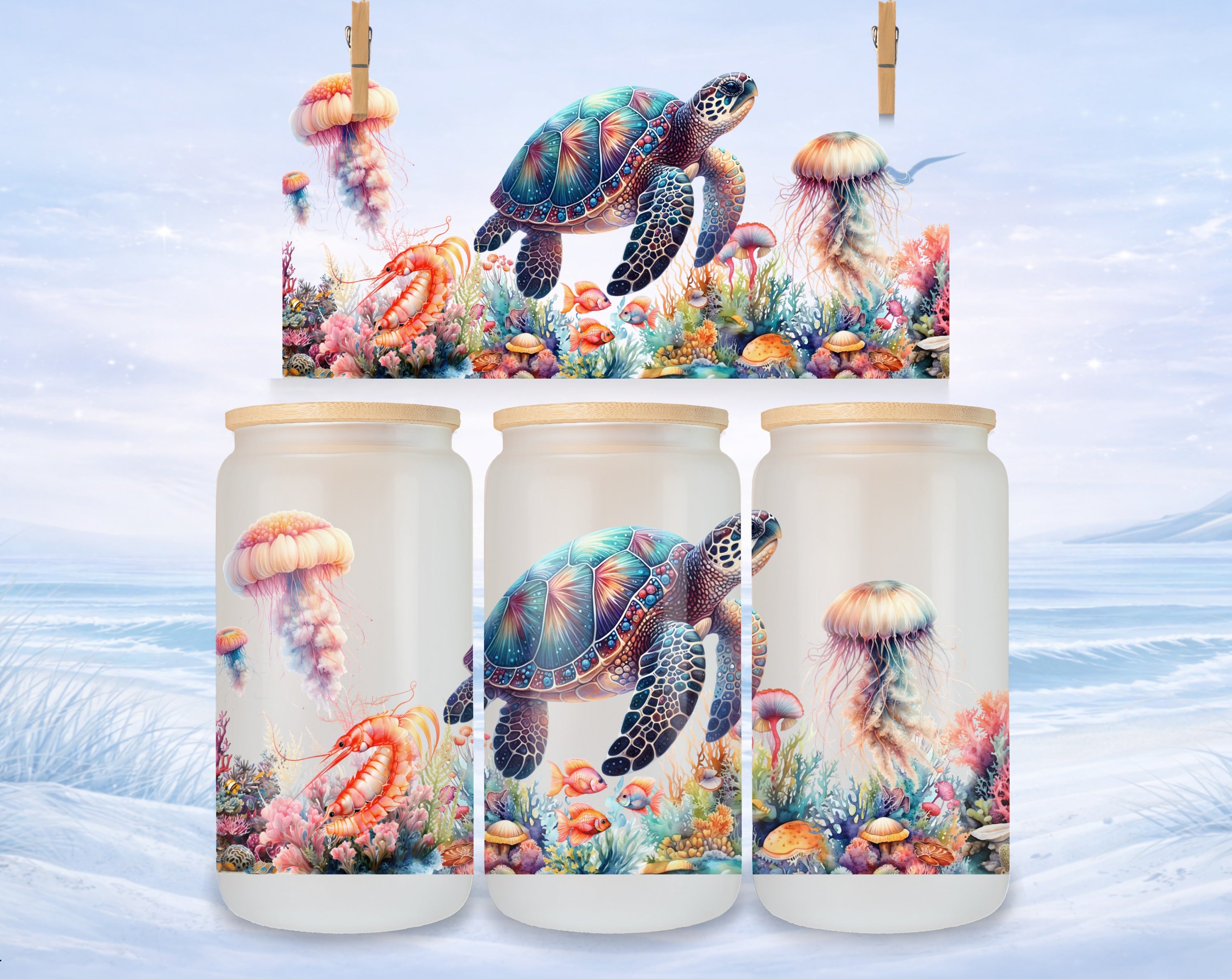 Three glass jars with turtle and jellyfish sea life design.