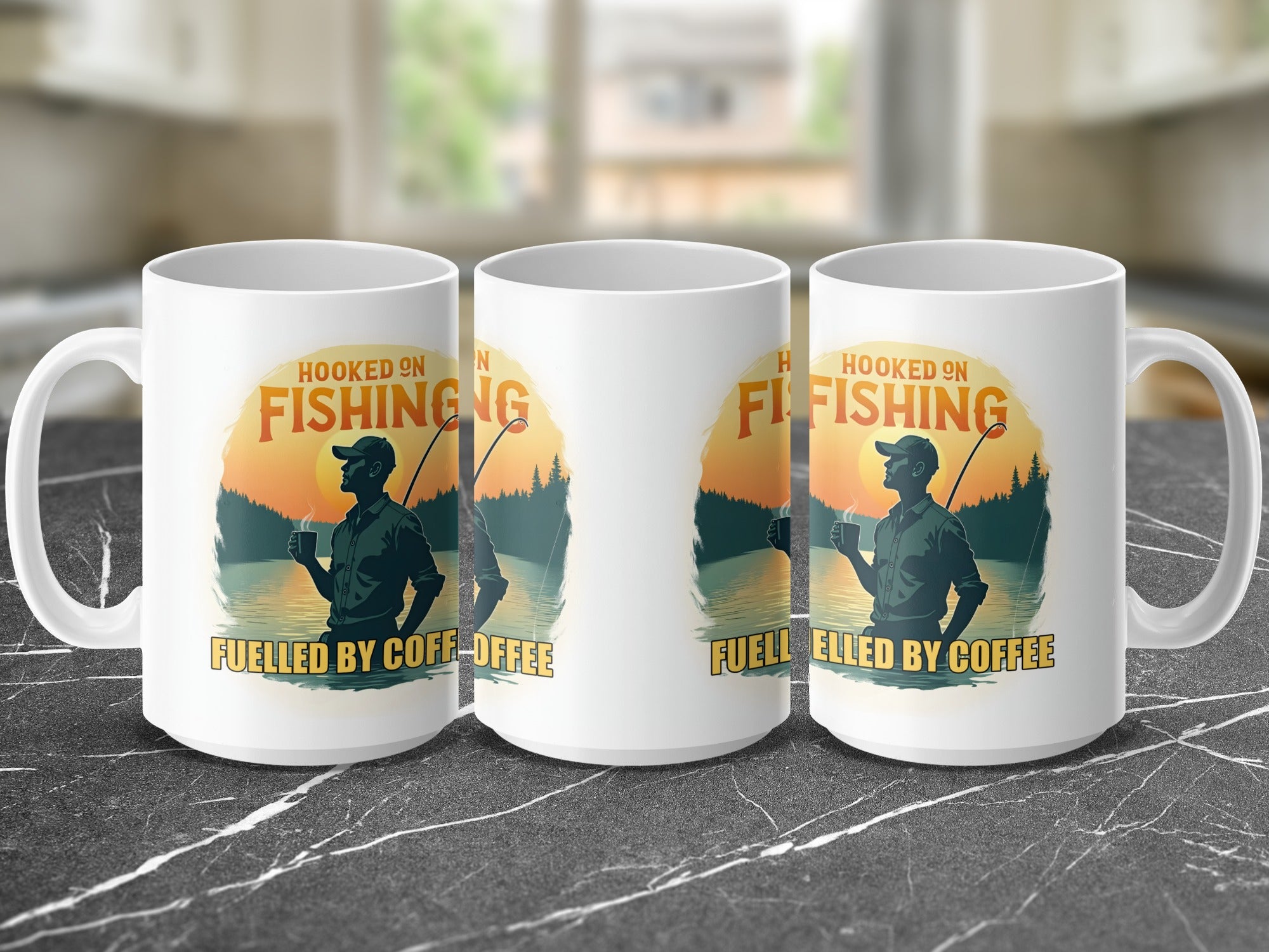 Mugs with a fisherman silhouette and text "Hooked on Fishing, Fuelled by Coffee".