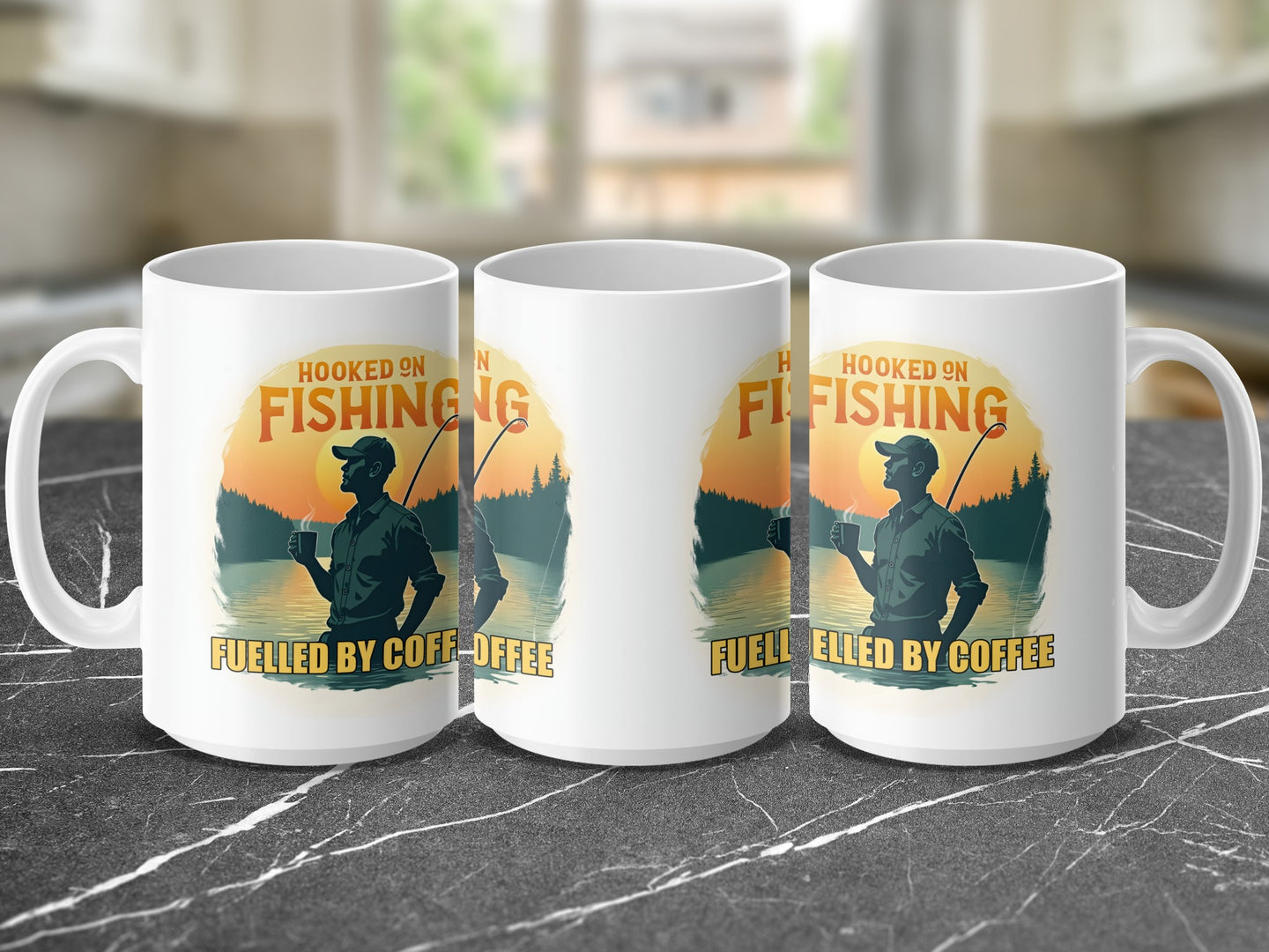 Mugs with a fisherman silhouette and text "Hooked on Fishing, Fuelled by Coffee".