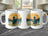 Mugs with a fisherman silhouette and text "Hooked on Fishing, Fuelled by Coffee".