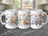 Three white mugs displaying colorful floral watercolor designs against a marbled countertop.