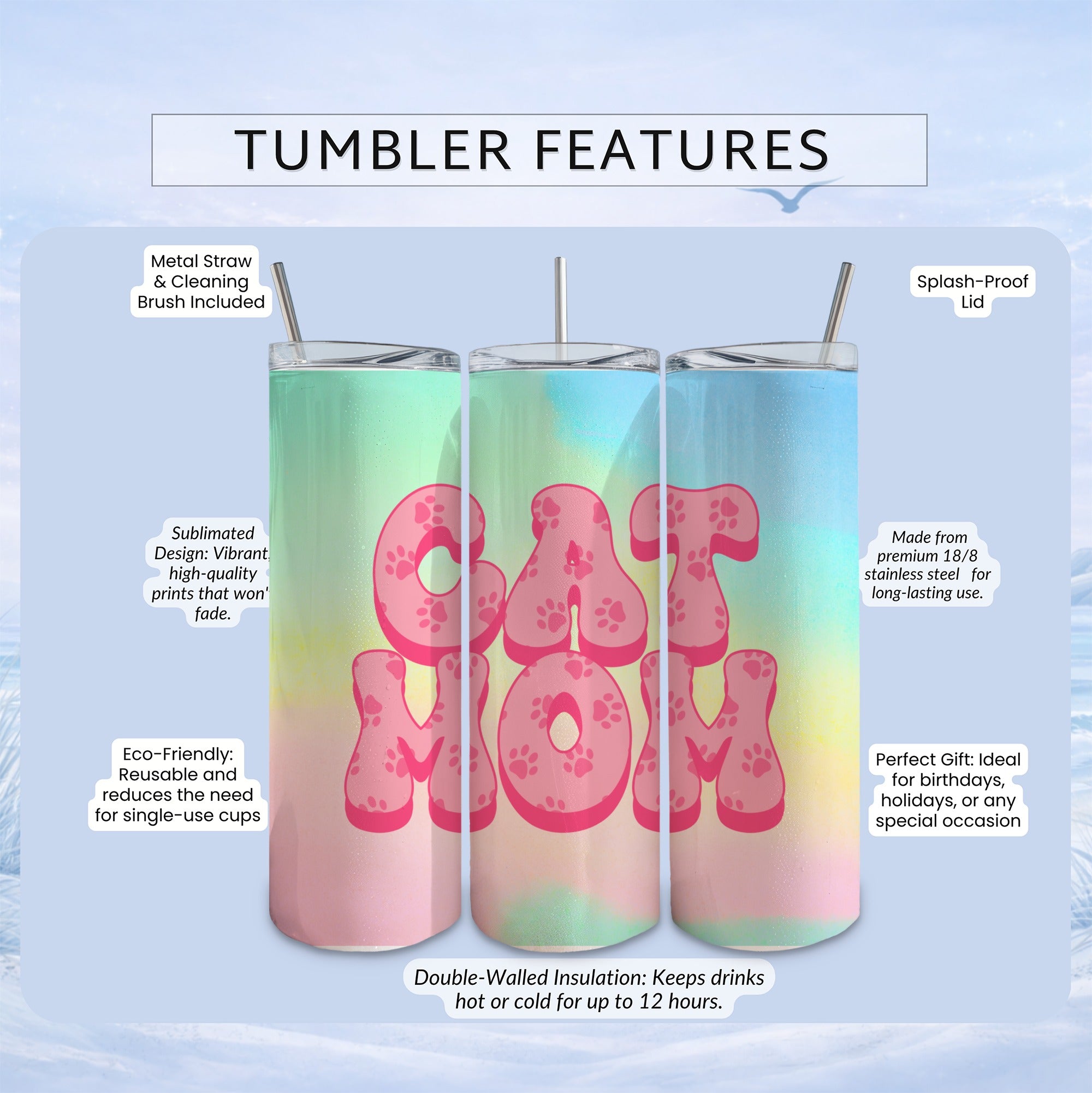 Cat Mom tumbler with ombre design, featuring text and product features.