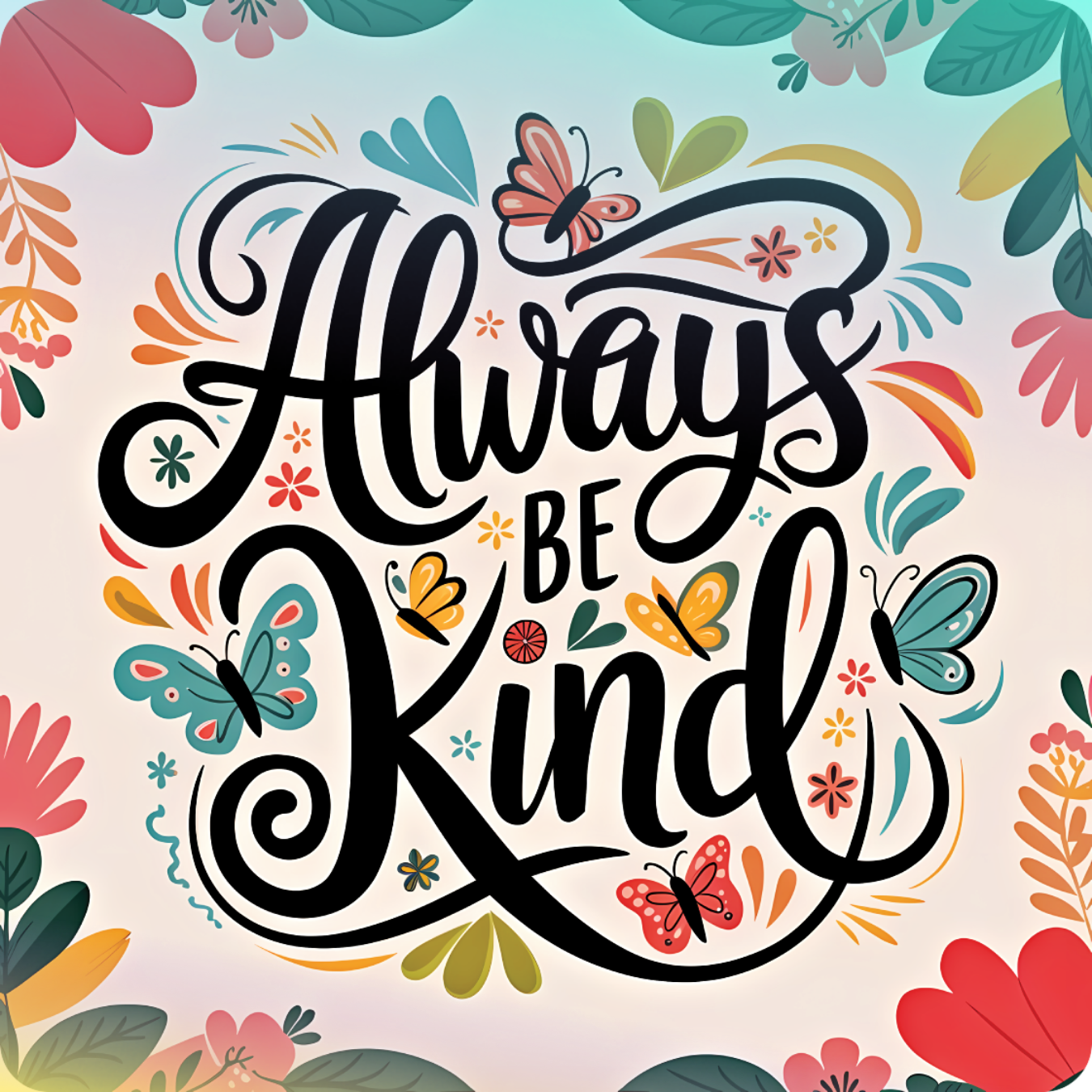 Always Be Kind lettering with butterflies and floral accents.