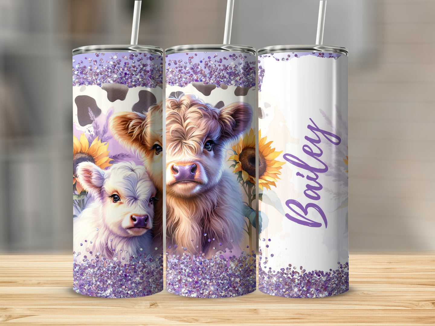 Cow and calf with sunflowers on a purple glitter tumbler.