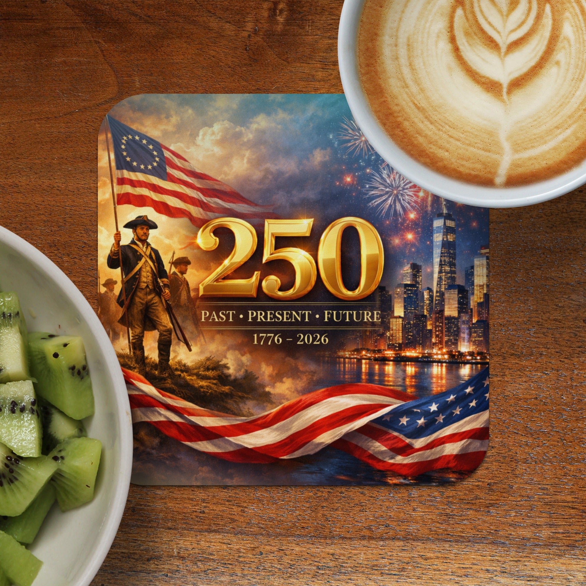 Patriotic coaster with soldiers, American flag, cityscape, and "250 Past Present Future" text.