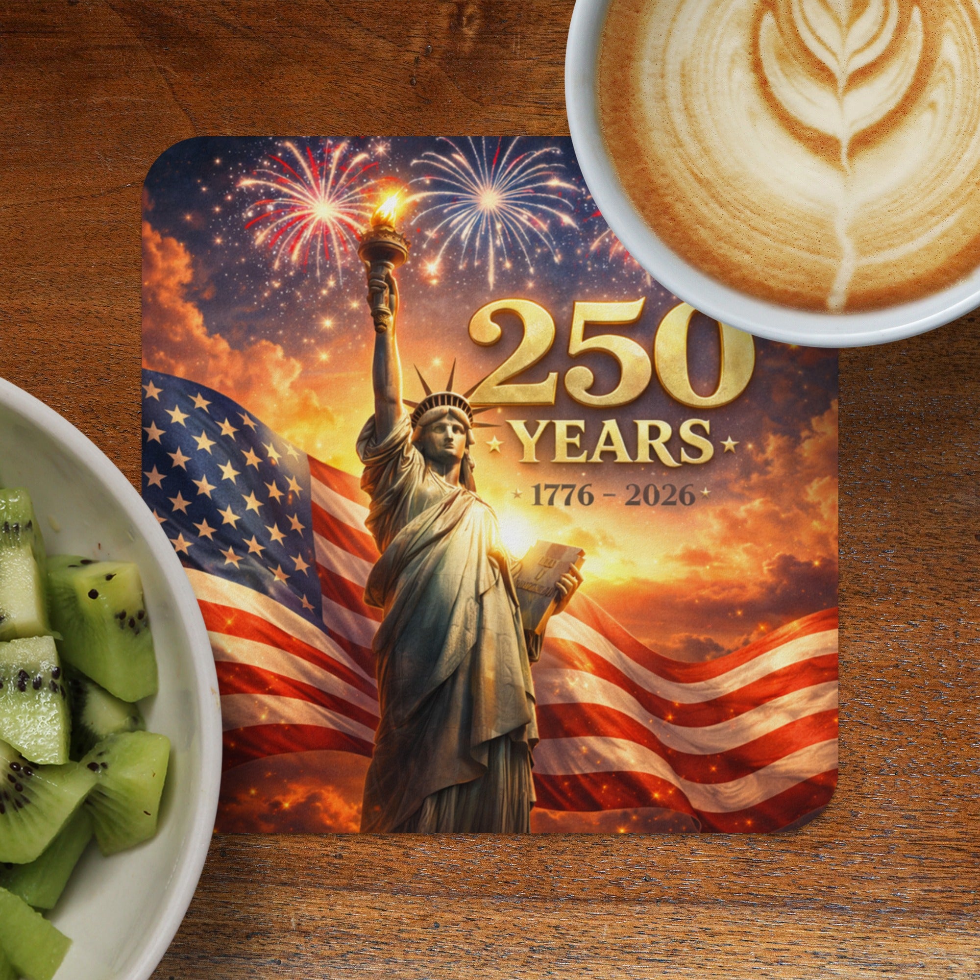 Statue of Liberty with fireworks, American flag, and "250 Years" text.
