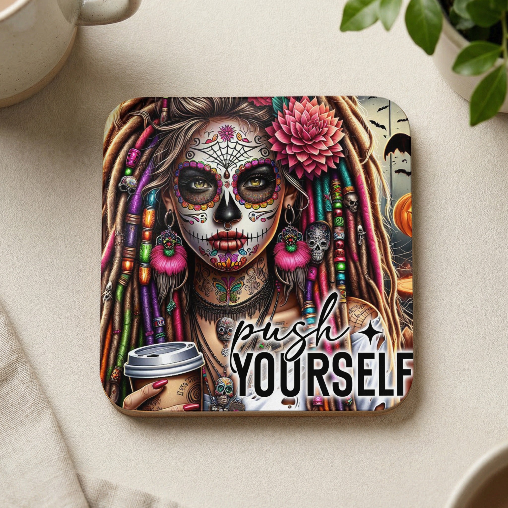 Woman with colorful skull makeup, dreadlocks, and "push yourself" text.