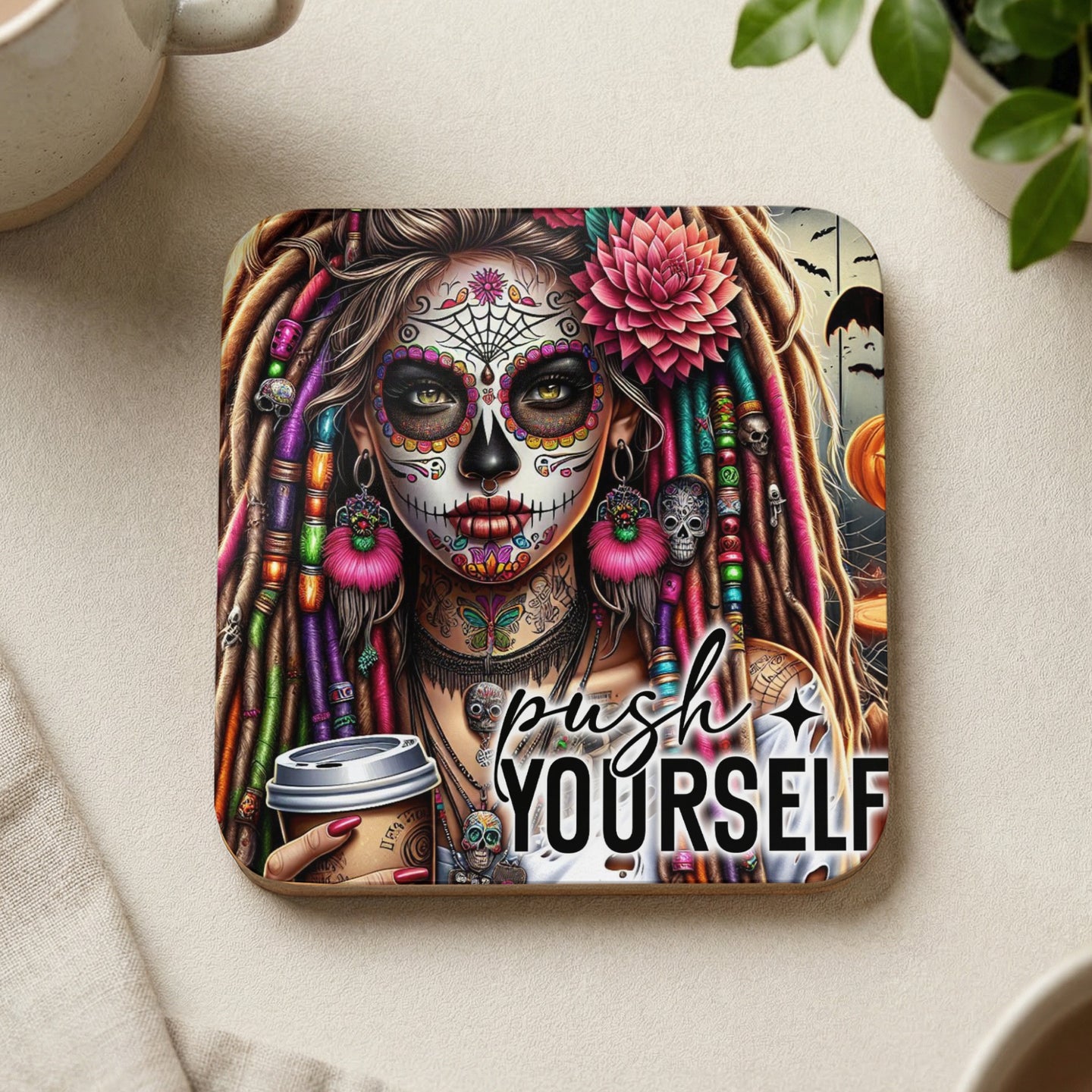 Woman with colorful skull makeup, dreadlocks, and "push yourself" text.