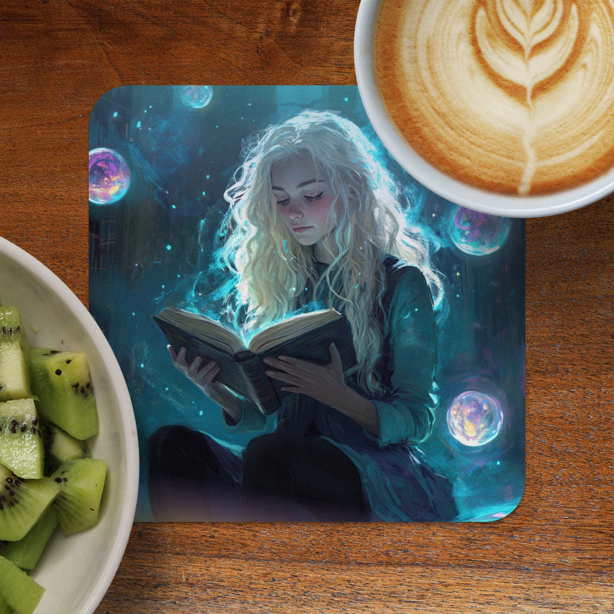 Young woman with flowing blonde hair reading a glowing book, surrounded by magic orbs.