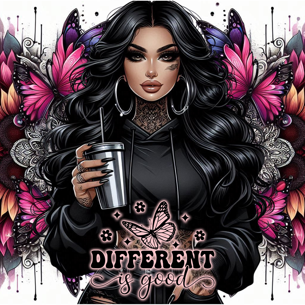 Woman with dark hair and tattoos holding a drink, pink butterflies behind her.