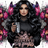 Woman with dark hair and tattoos holding a drink, pink butterflies behind her.