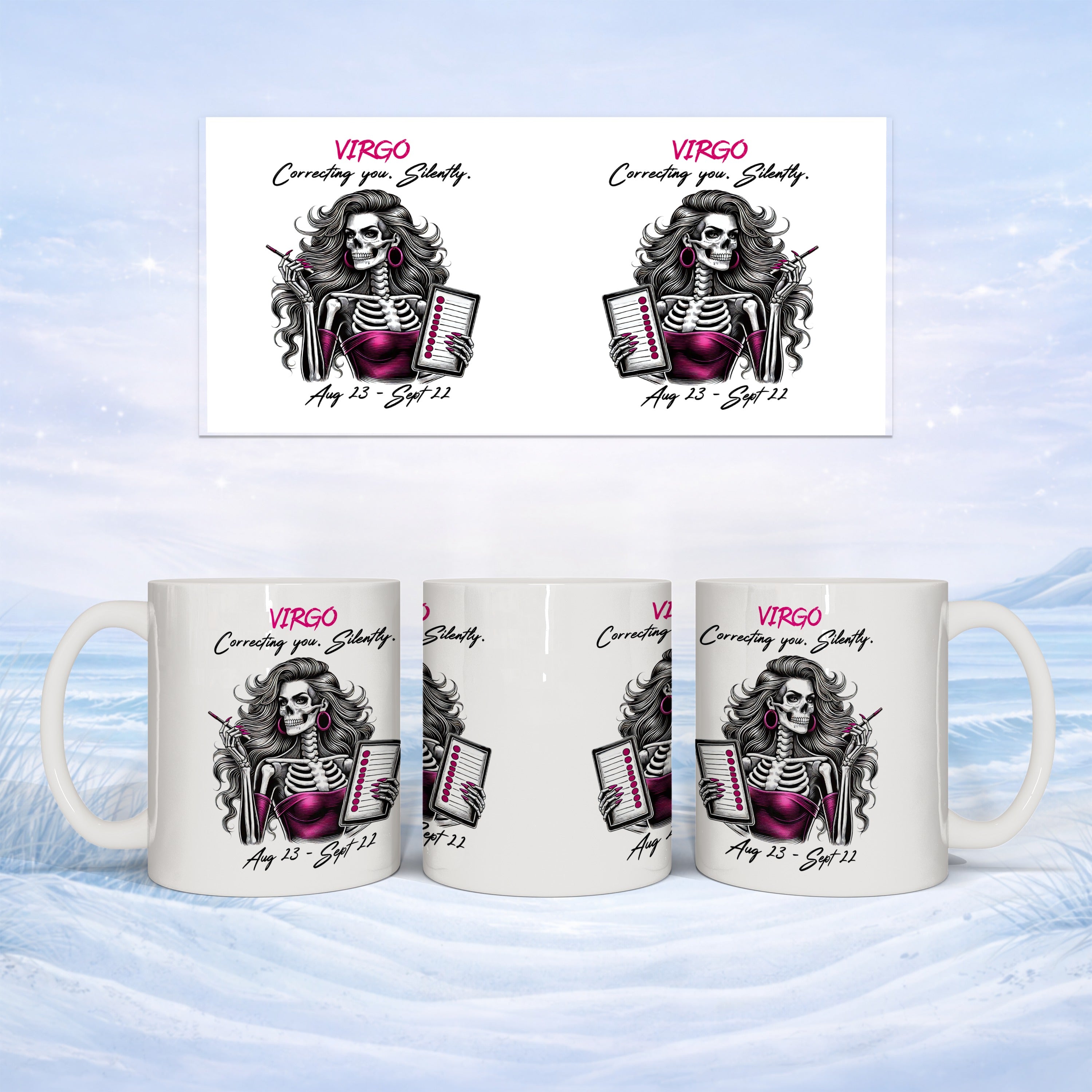 Mug with "Virgo Correcting you. Silently." and skeleton graphic.