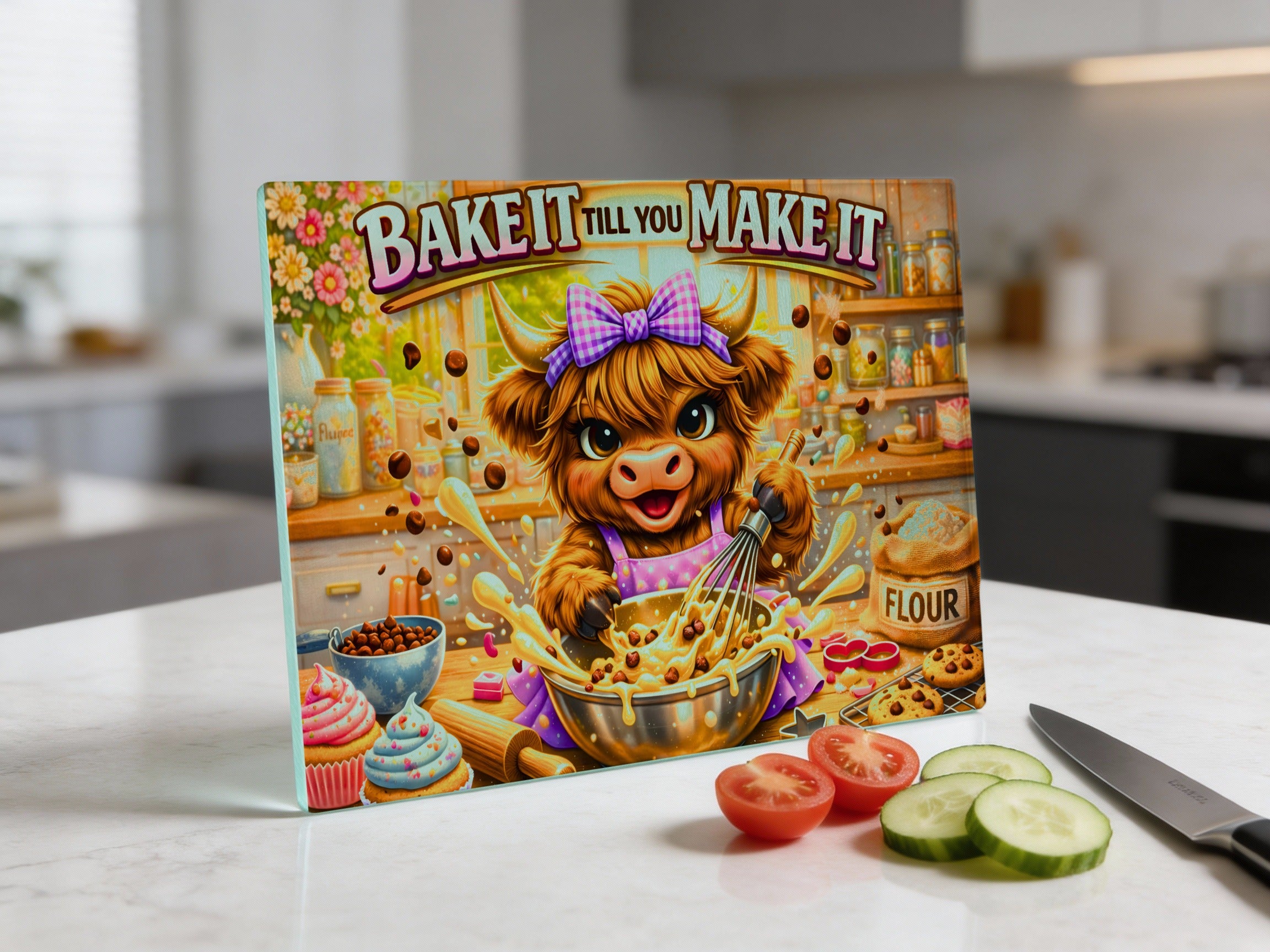 Highland cow baking cookies with "Bake It Till You Make It" text.