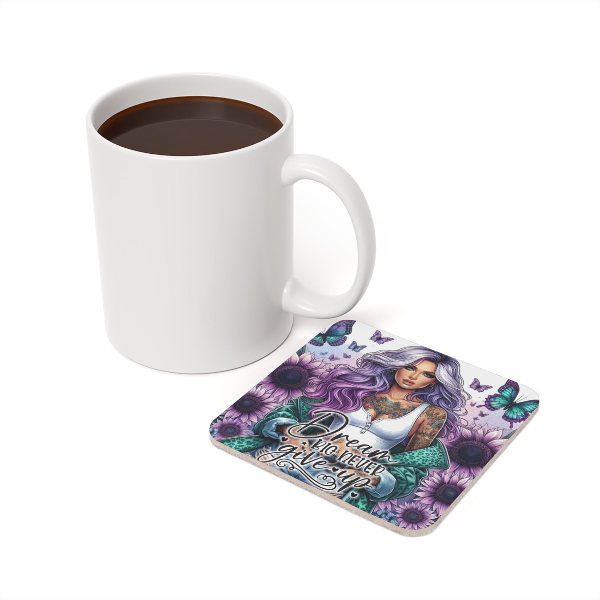 Coaster with tattooed woman and butterflies beside coffee mug.