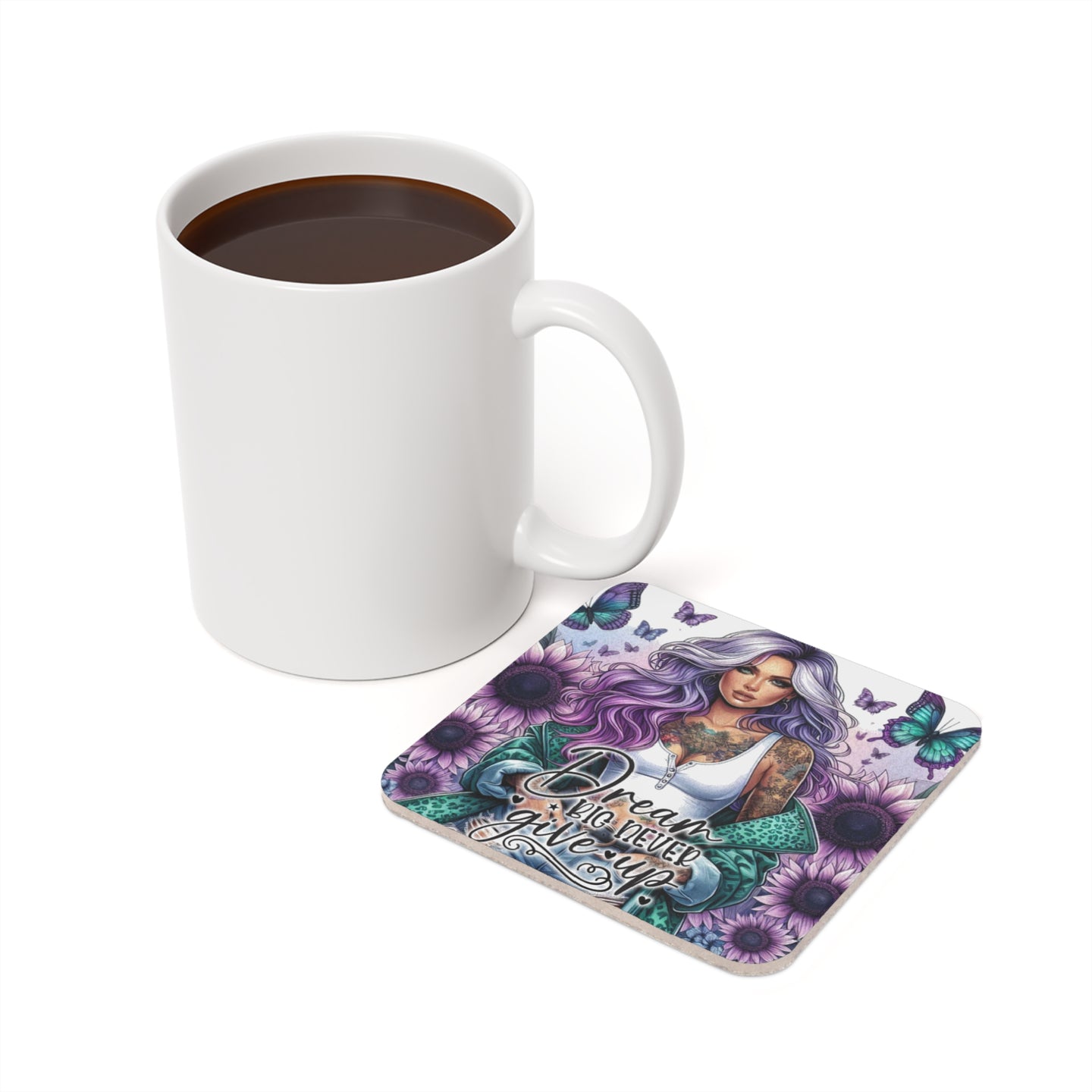 Coaster with tattooed woman and butterflies beside coffee mug.