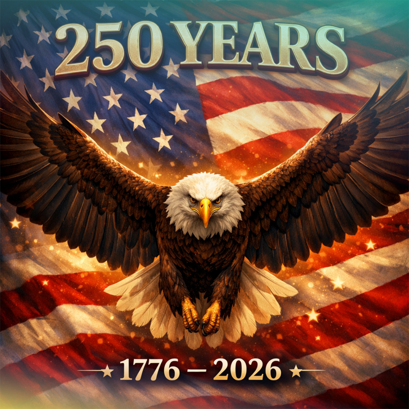 Bald eagle with outstretched wings superimposed on a US flag, celebrating 250 years.