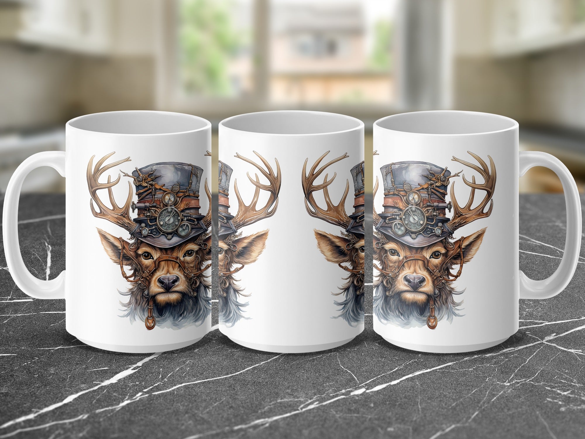 Steampunk deer head mug with gears, goggles, and antlers.