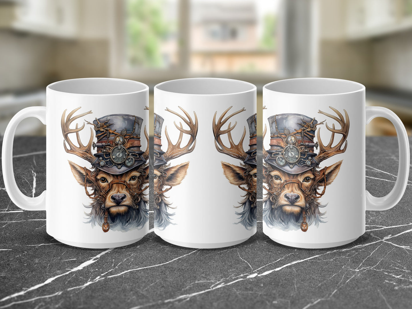 Steampunk deer head mug with gears, goggles, and antlers.