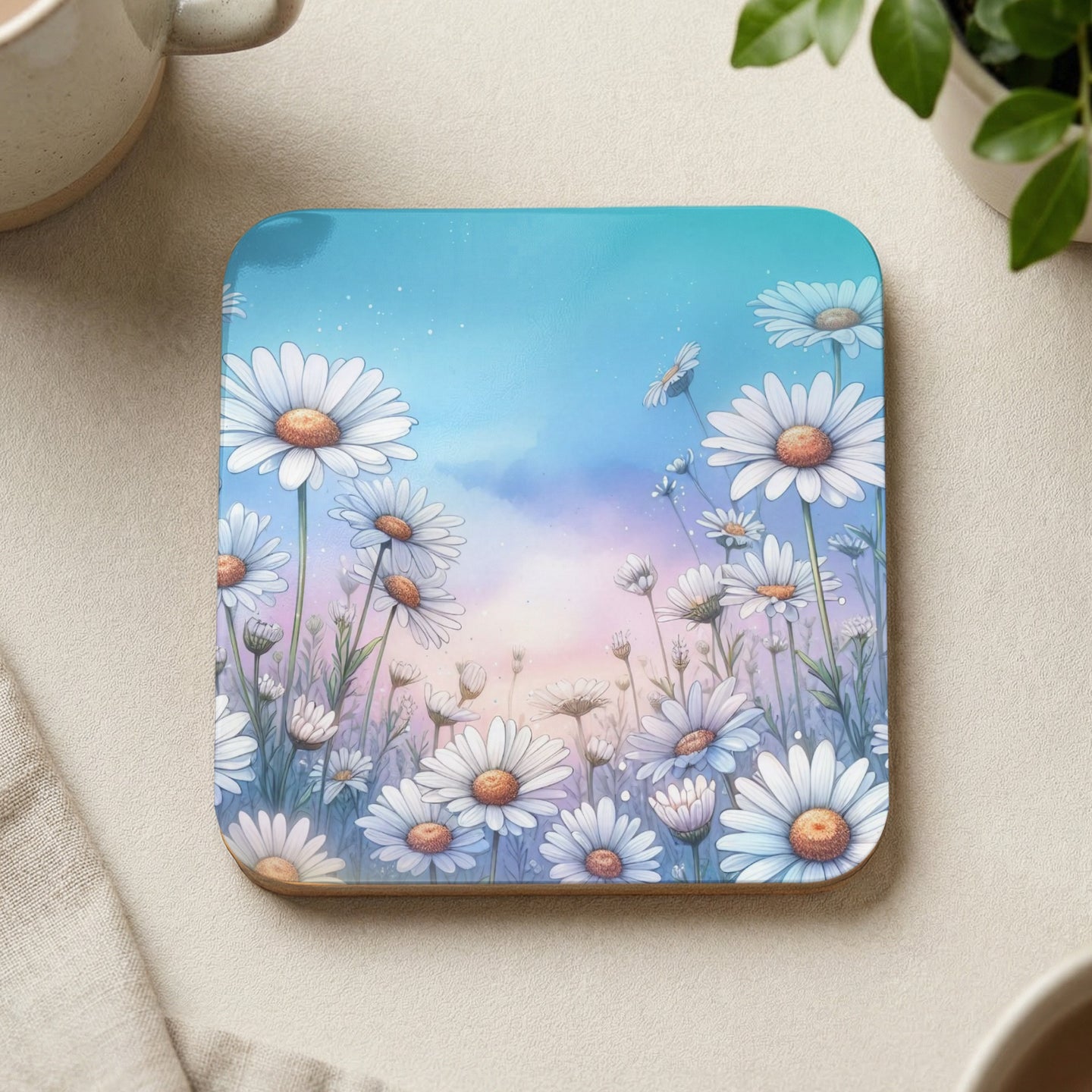 Square coaster with daisies and sky scene on a textured surface.