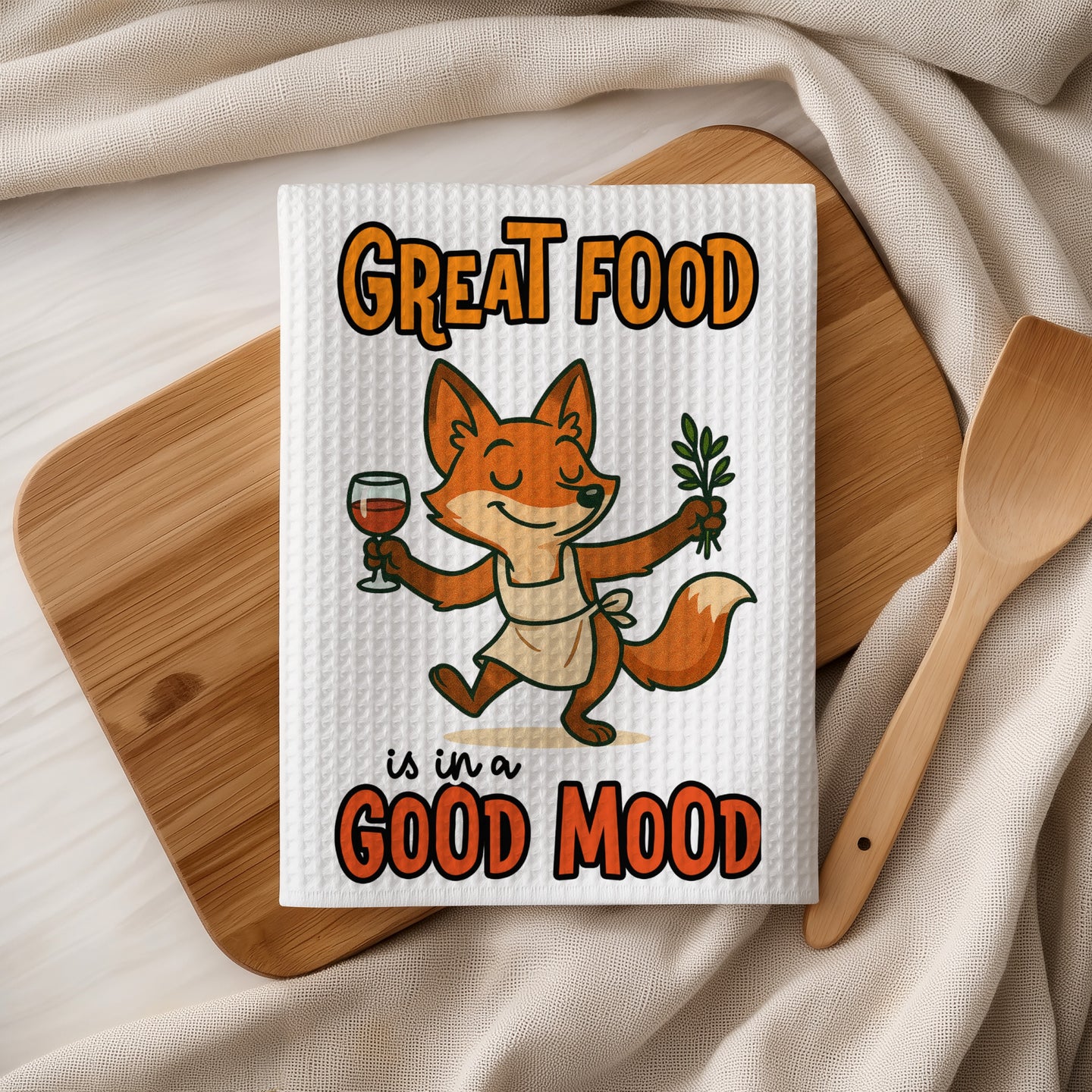Fox in apron holding wine and rosemary with "Great food is in a good mood" text.